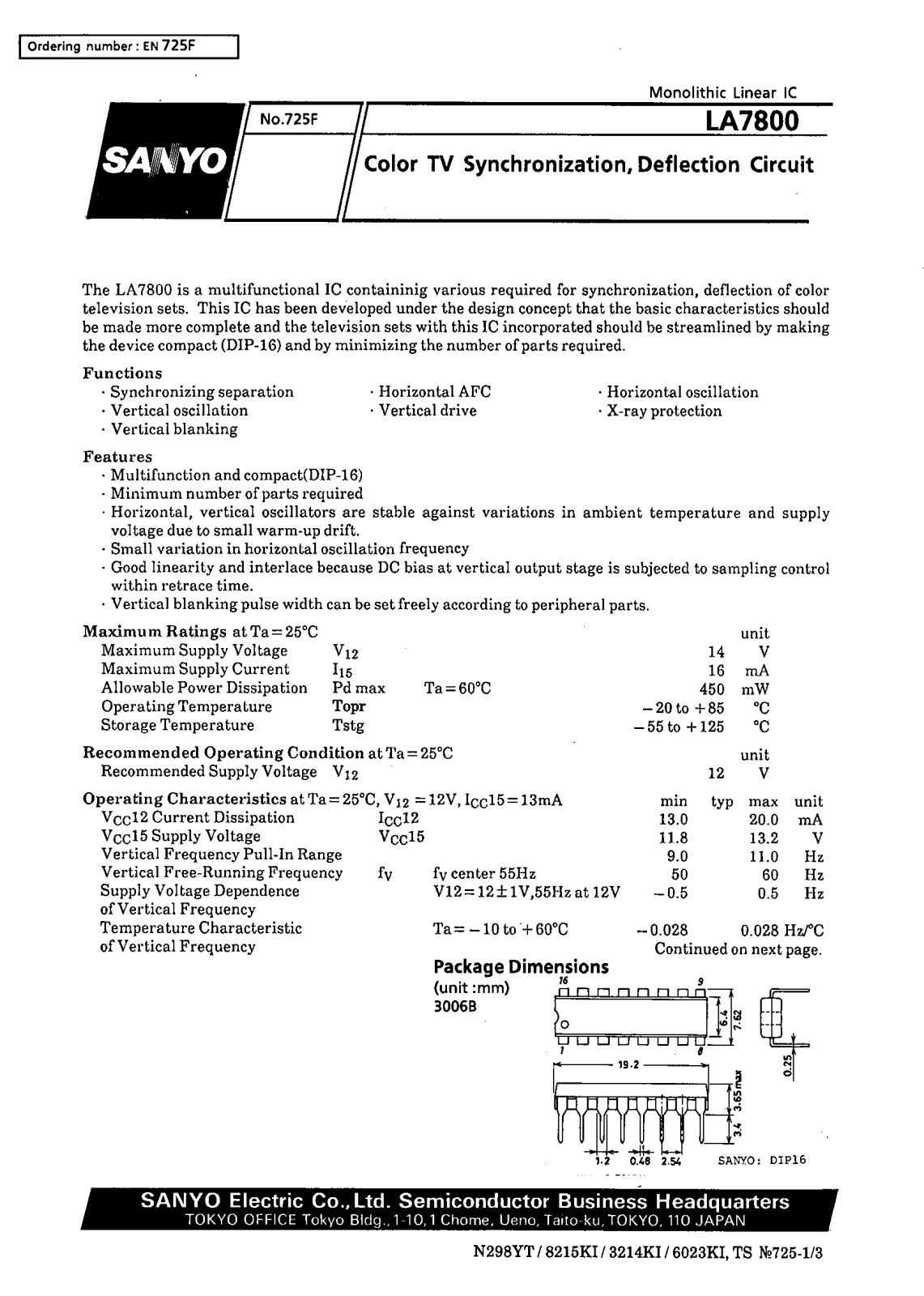 SANYO LA7800 Datasheet