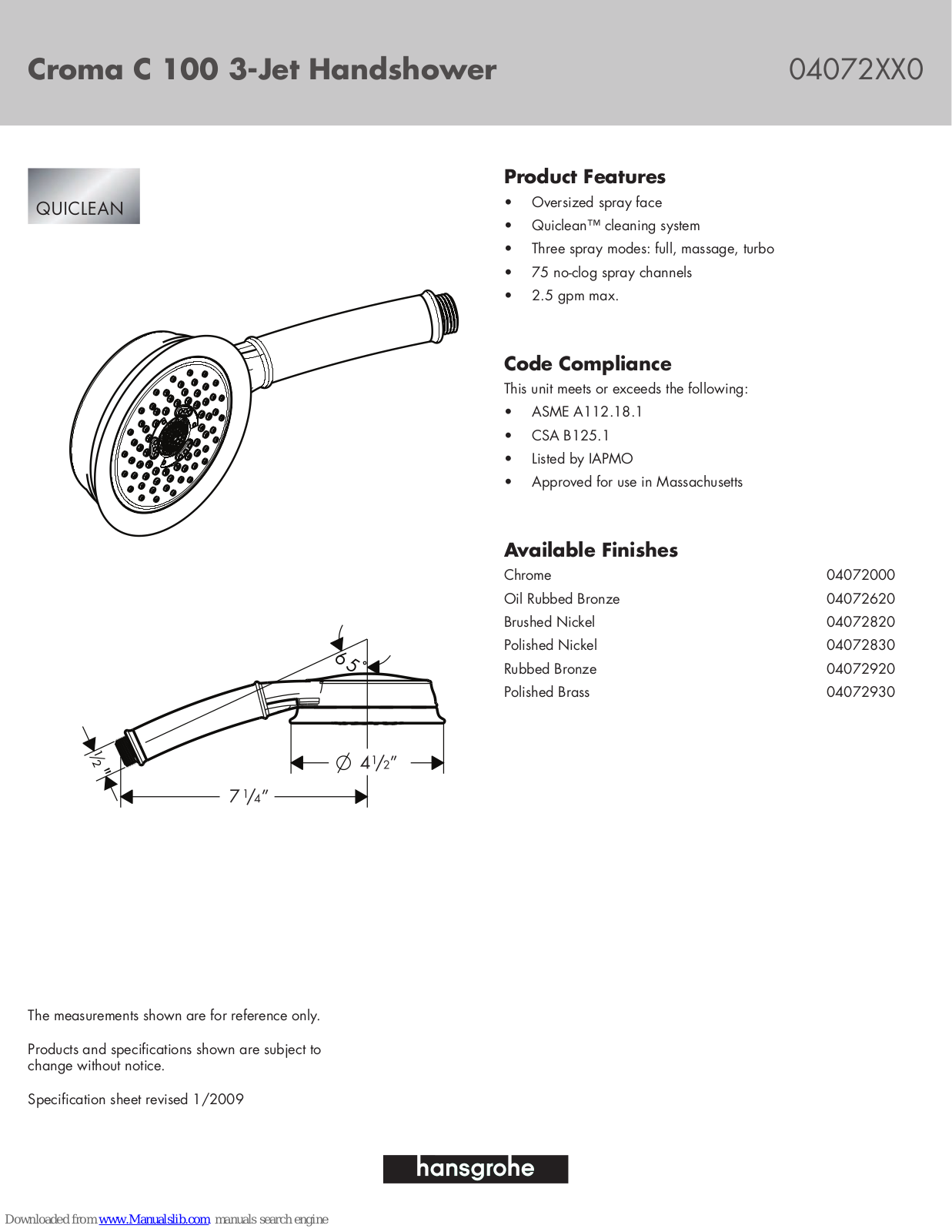 Hans Grohe 04072000, 04072830, 04072620, 04072820, 04072920 Specification Sheet