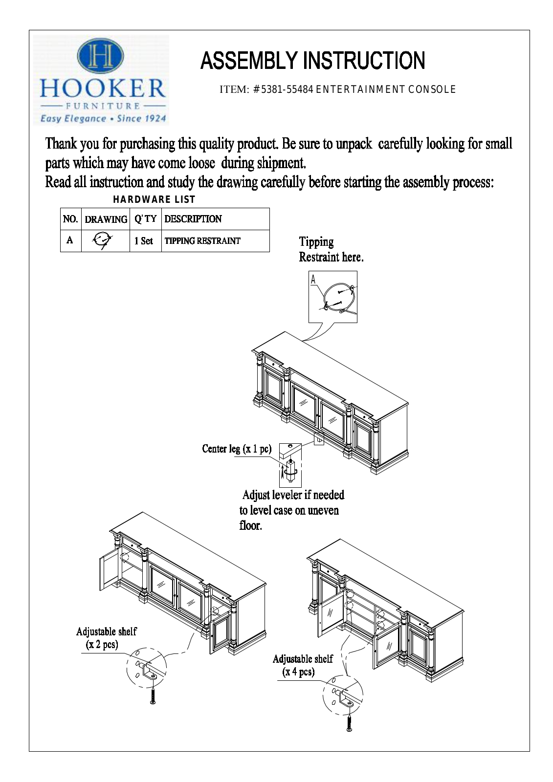 Hooker Furniture 538155484 Assembly Guide