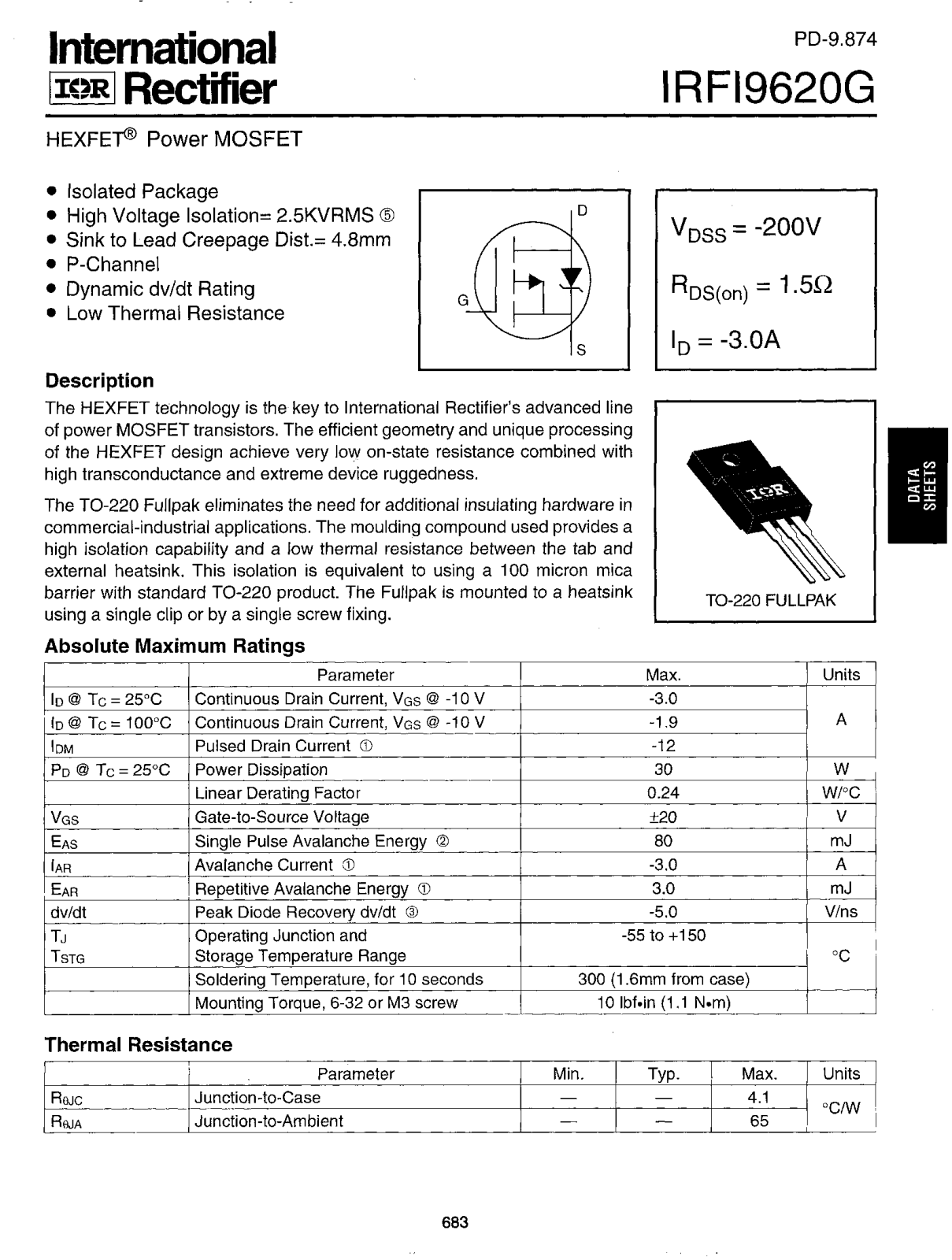 International Rectifier IRFI9620G Datasheet