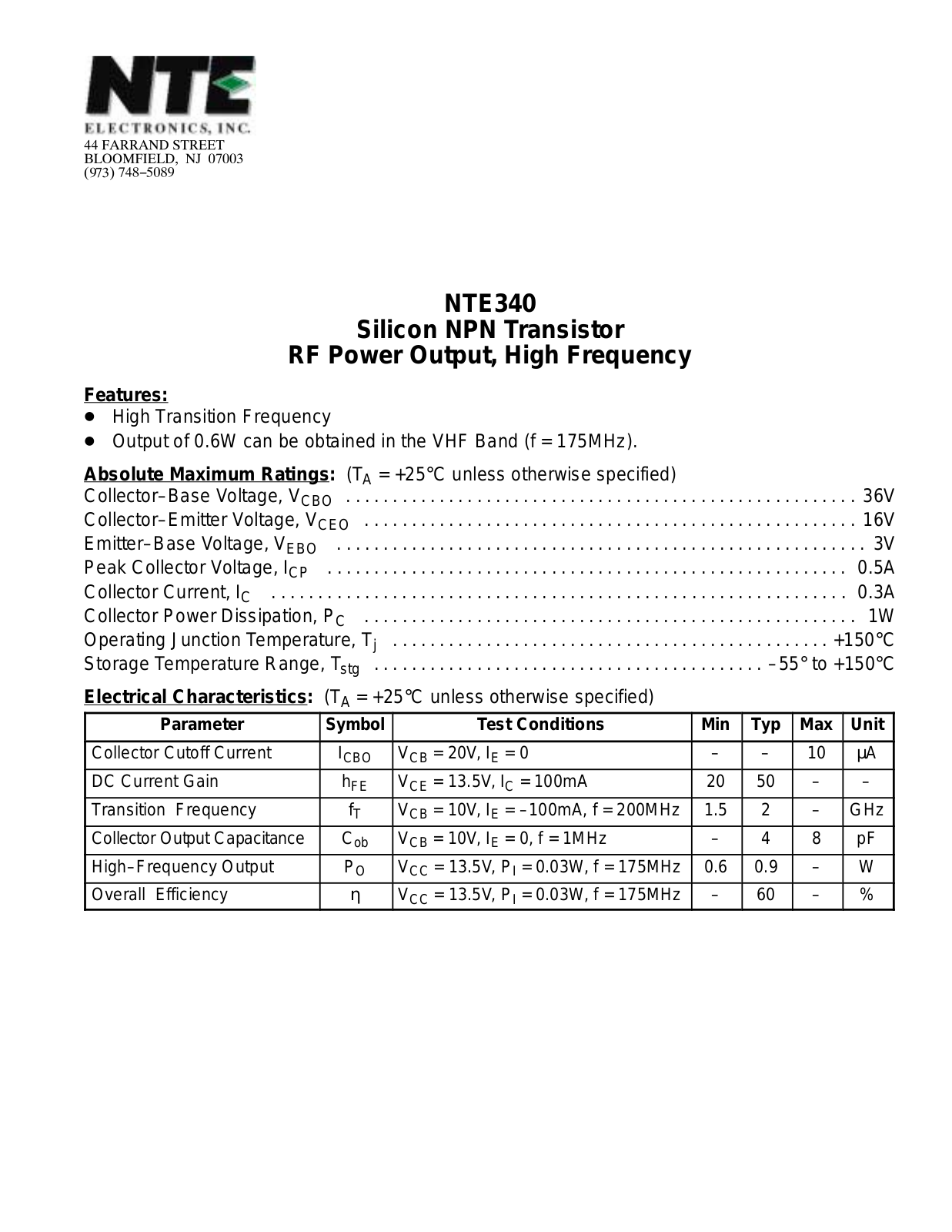 Datasheet NTE340 Datasheet (NTE) - ManualMachine.com
