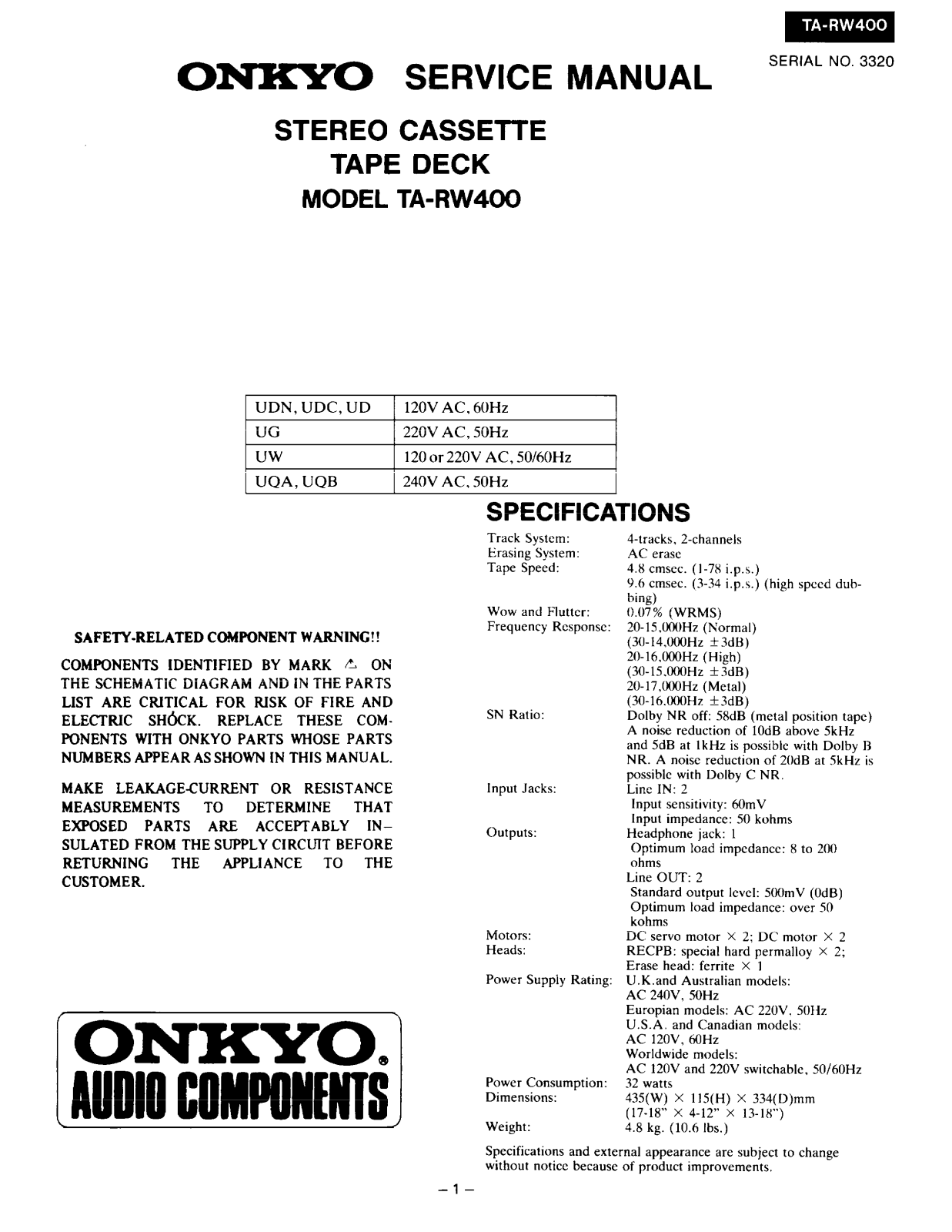 Onkyo TARW-400 Service manual