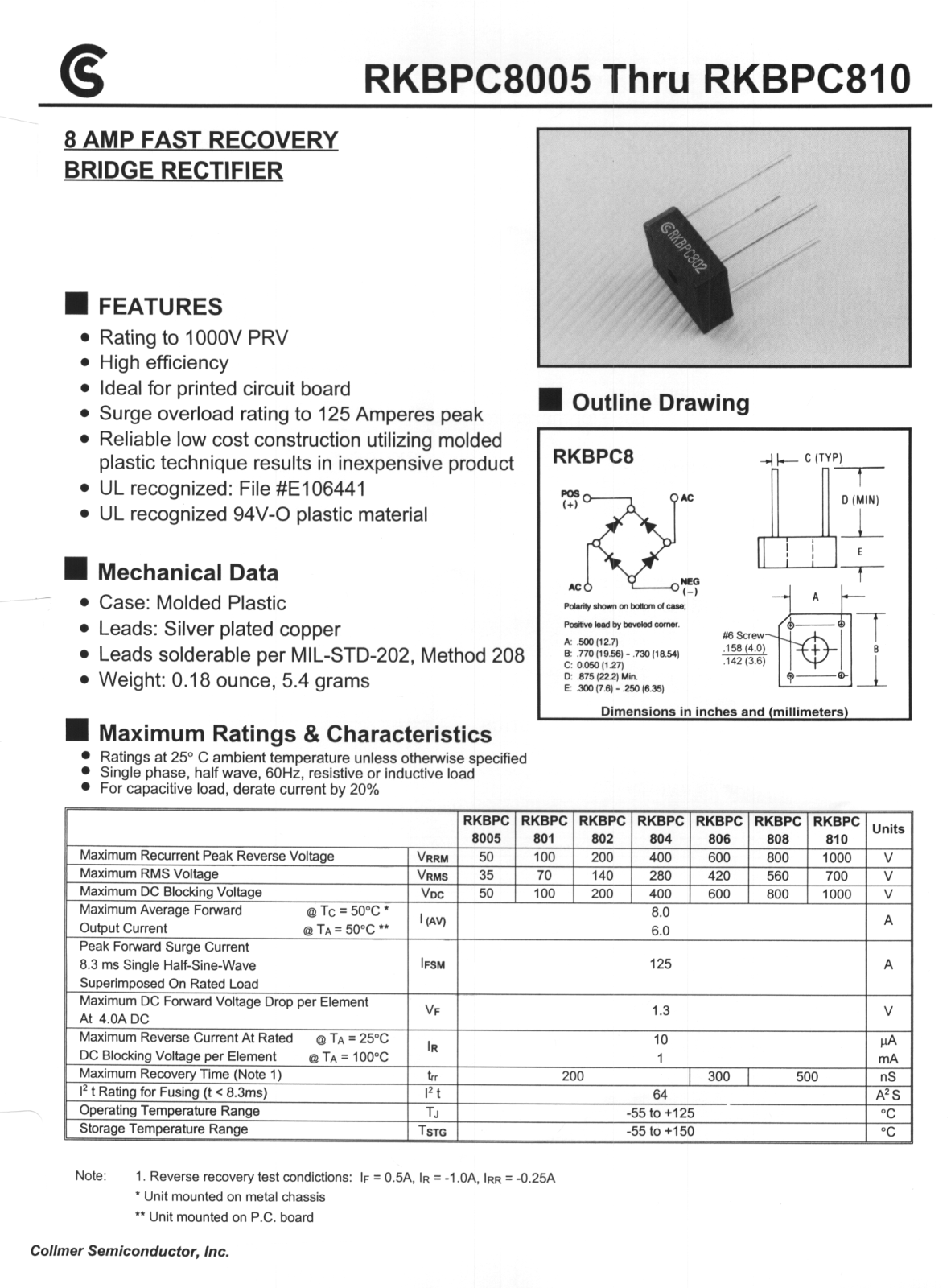 CALLMER RKBPC808, RKBPC810, RKBPC8005, RKBPC801, RKBPC802 Datasheet