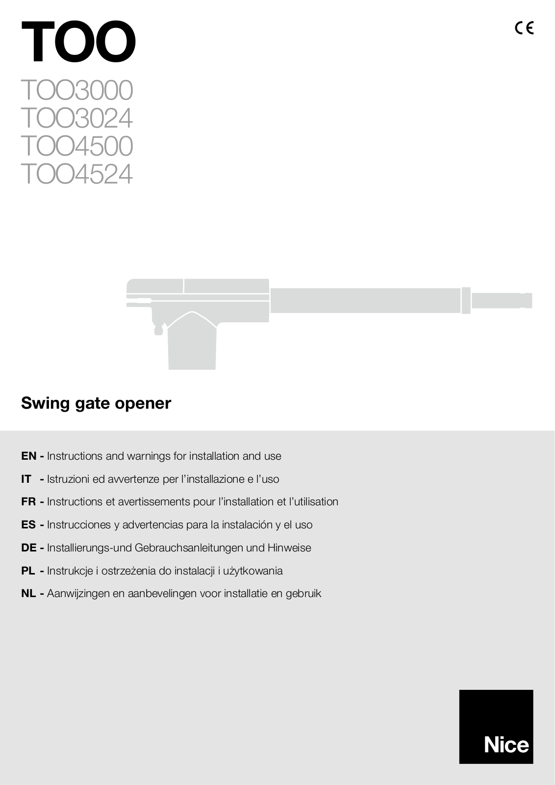 Nice Automation TOO 3000, TOO 3024, TOO 4500, TOO 4524 User Manual