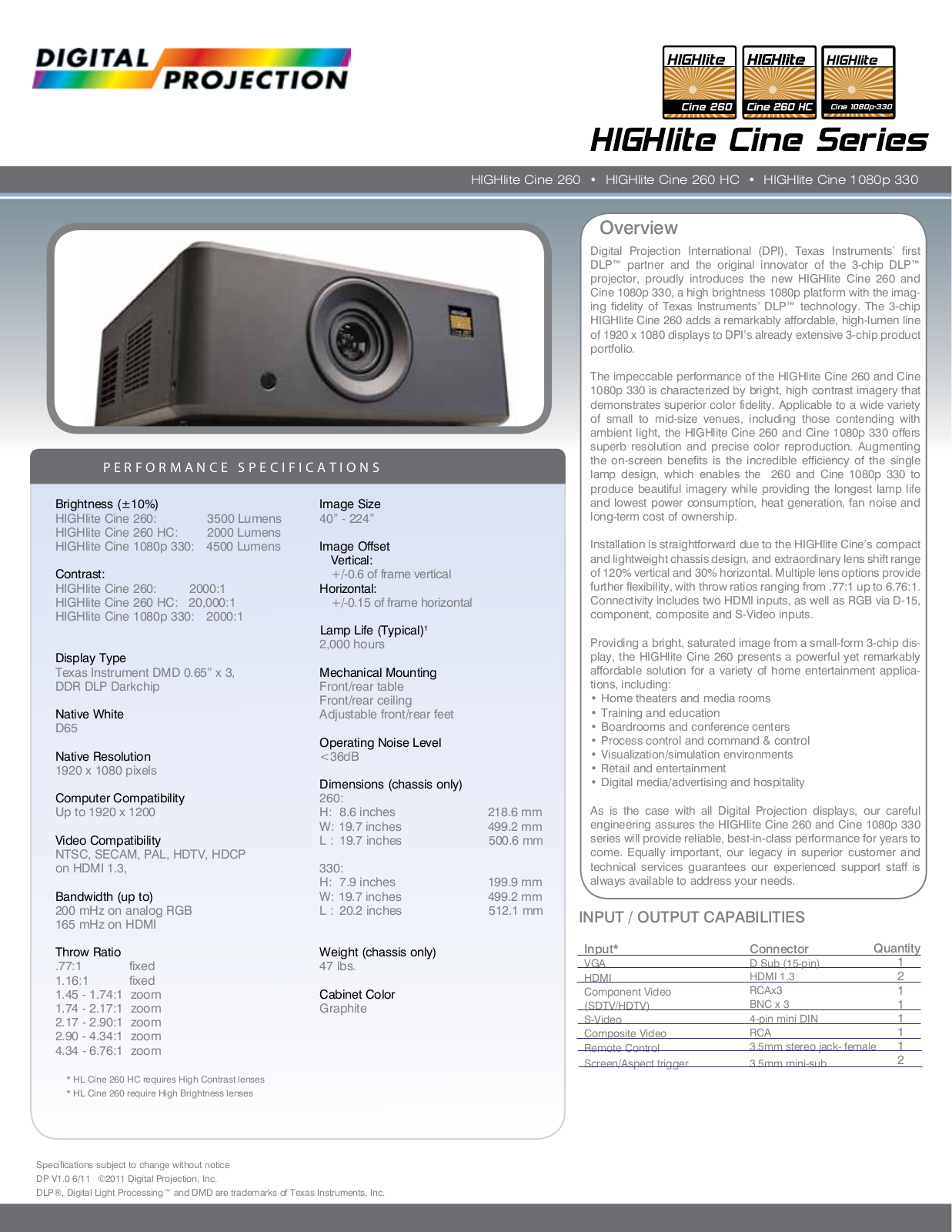 Digital Projection HIGHlite Cine 1080p 330 Product Sheet