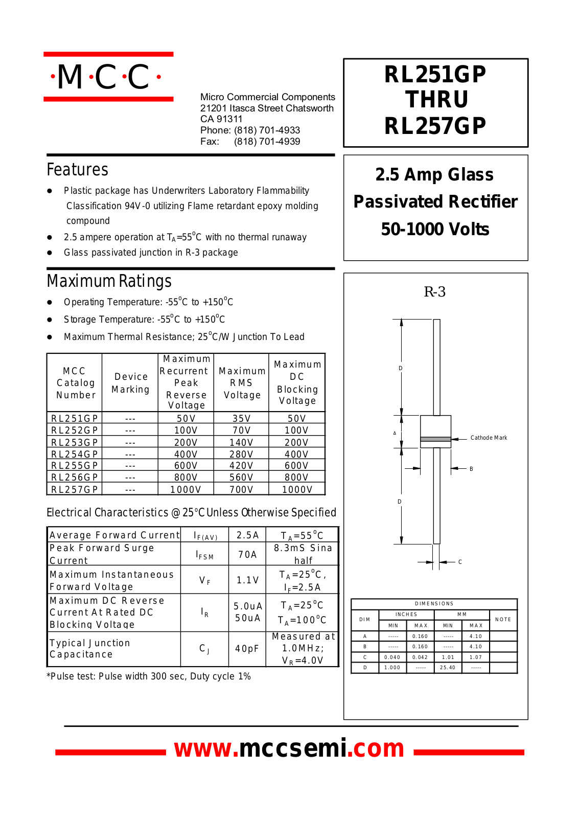 MCC RL251GP, RL255GP, RL257GP, RL252GP, RL253GP Datasheet