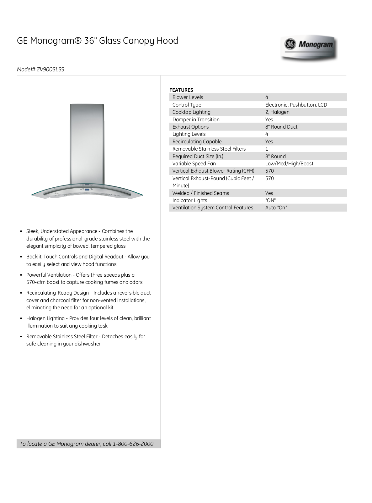 Monogram ZV900SLSS PRODUCT SPECIFICATIONS