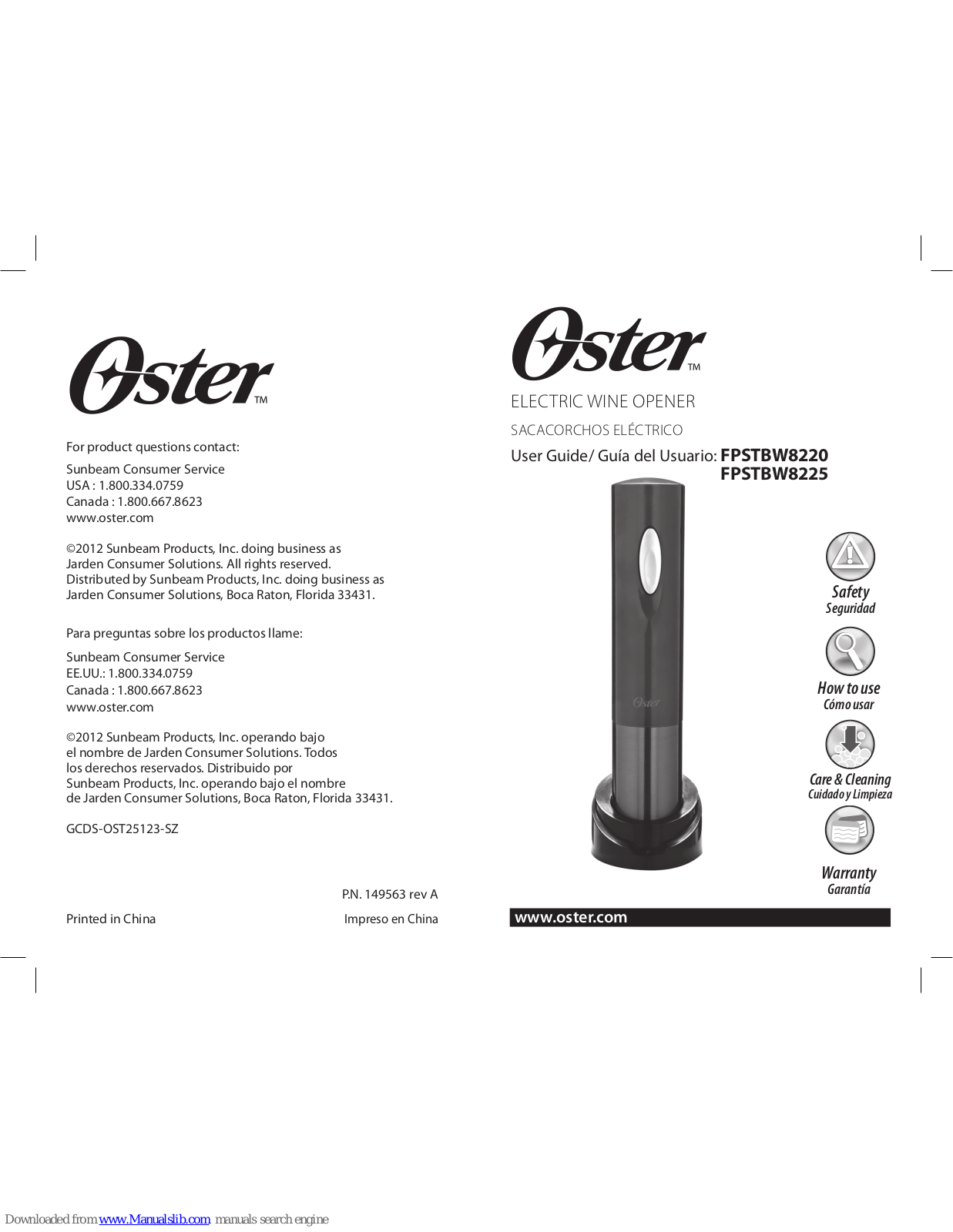 Oster Metallic Red Electric Wine Opener, FPSTBW8220, FPSTBW8225 Instruction Manual