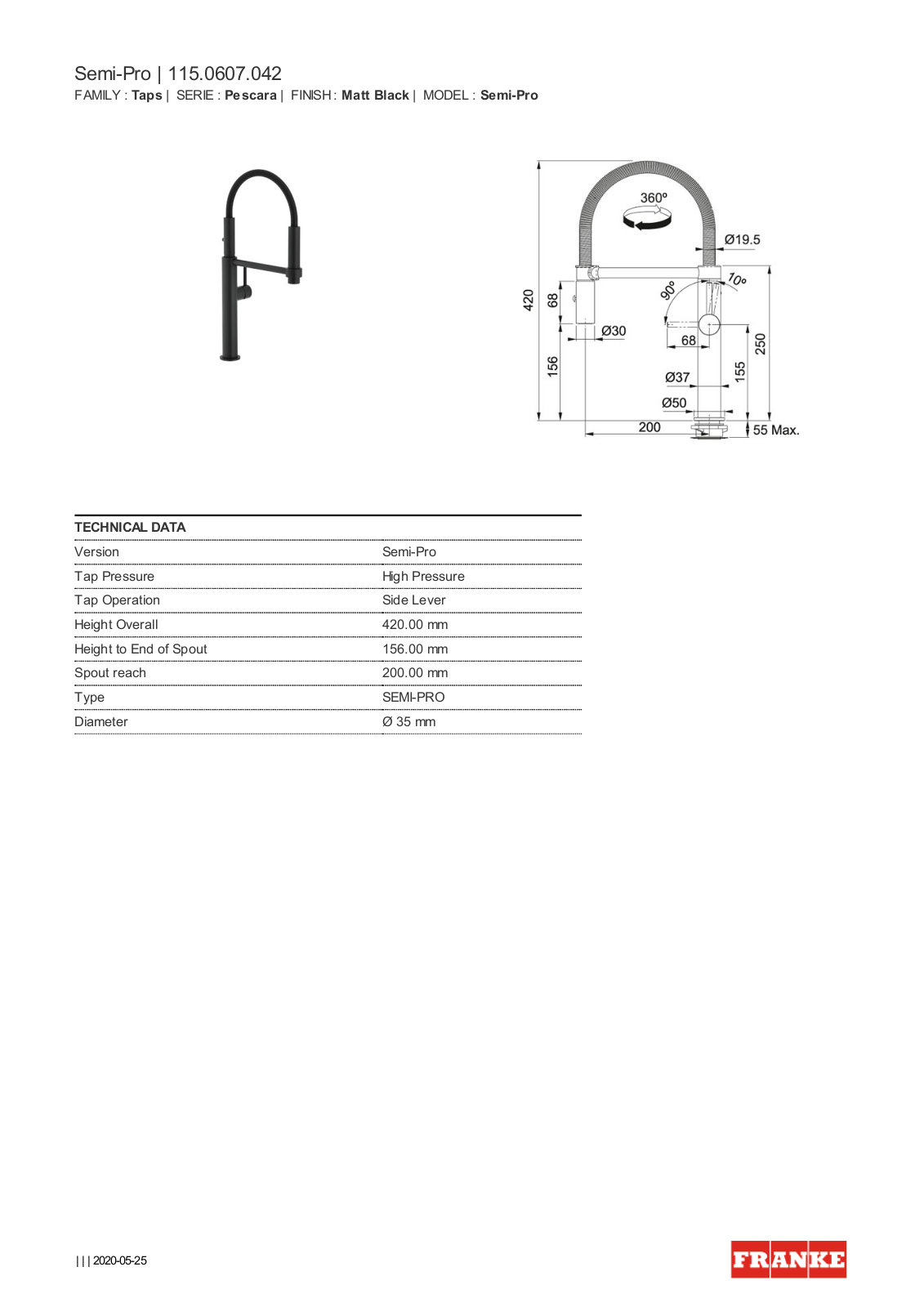 Franke TA7360MB Specifications Sheet