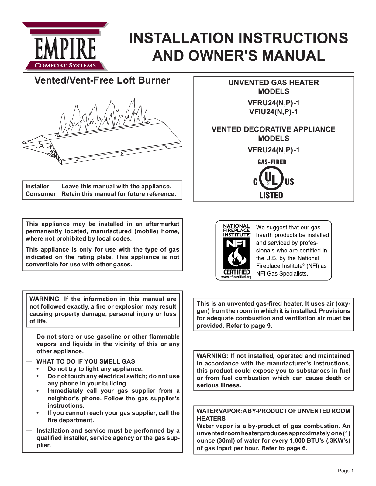 Empire Comfort Systems VFRU24N-1, VFIU24N, VFRU24P-1, VFIU24NP-1, VFRU24-1 Installation Instructions And Owner's Manual