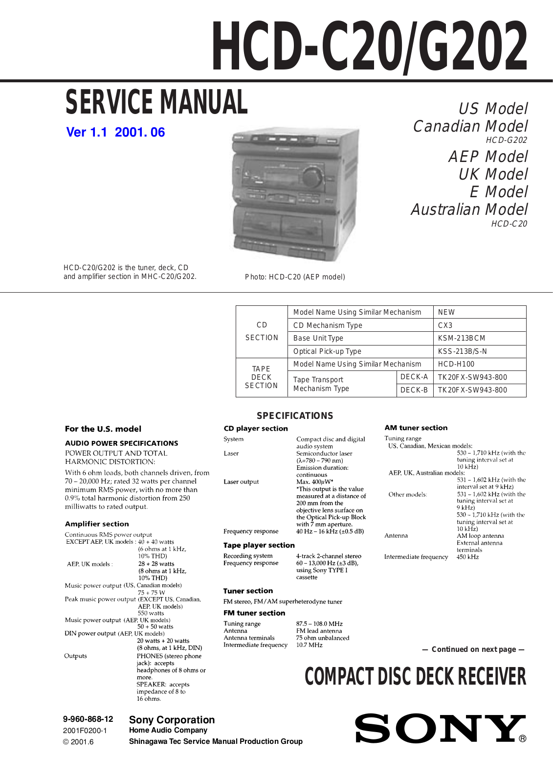 Sony HCD-C20, HCD-G202 Service manual
