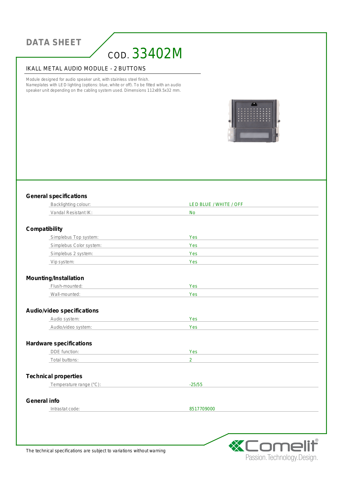 Comelit 33402M Specsheet - ManualMachine.com