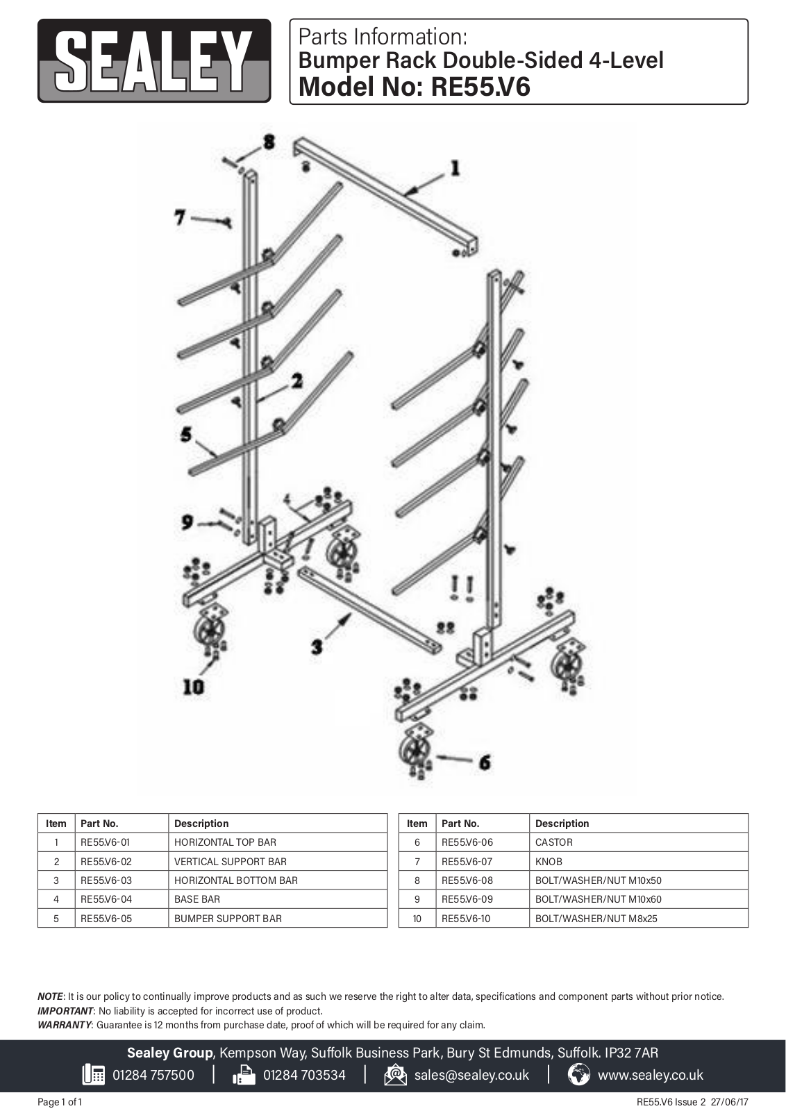 Sealey re55.v6 Parts Listing
