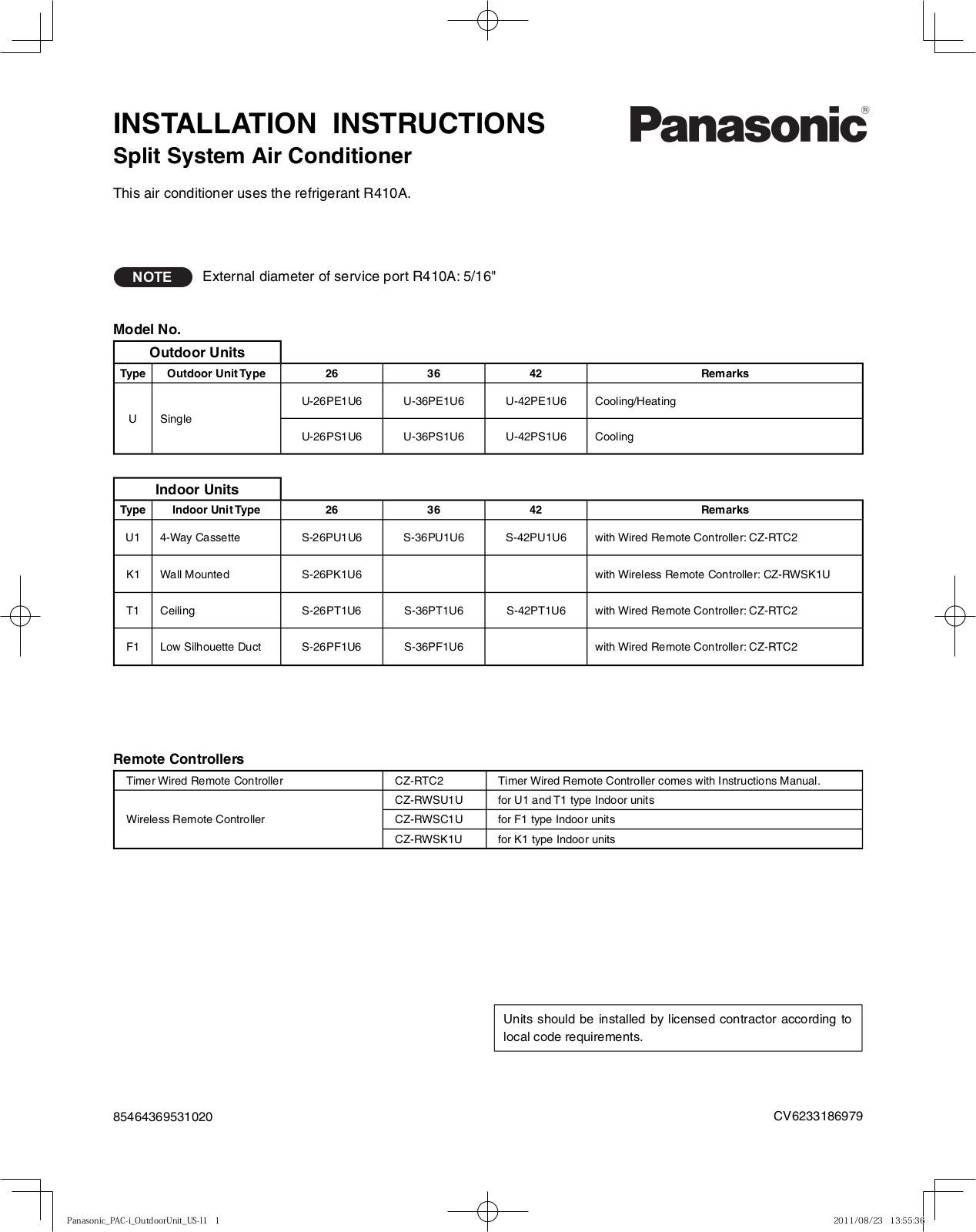 Panasonic U-26PE1U6, U-36PE1U6, U-42PE1U6, U-26PS1U6, U-36PS1U6 installation