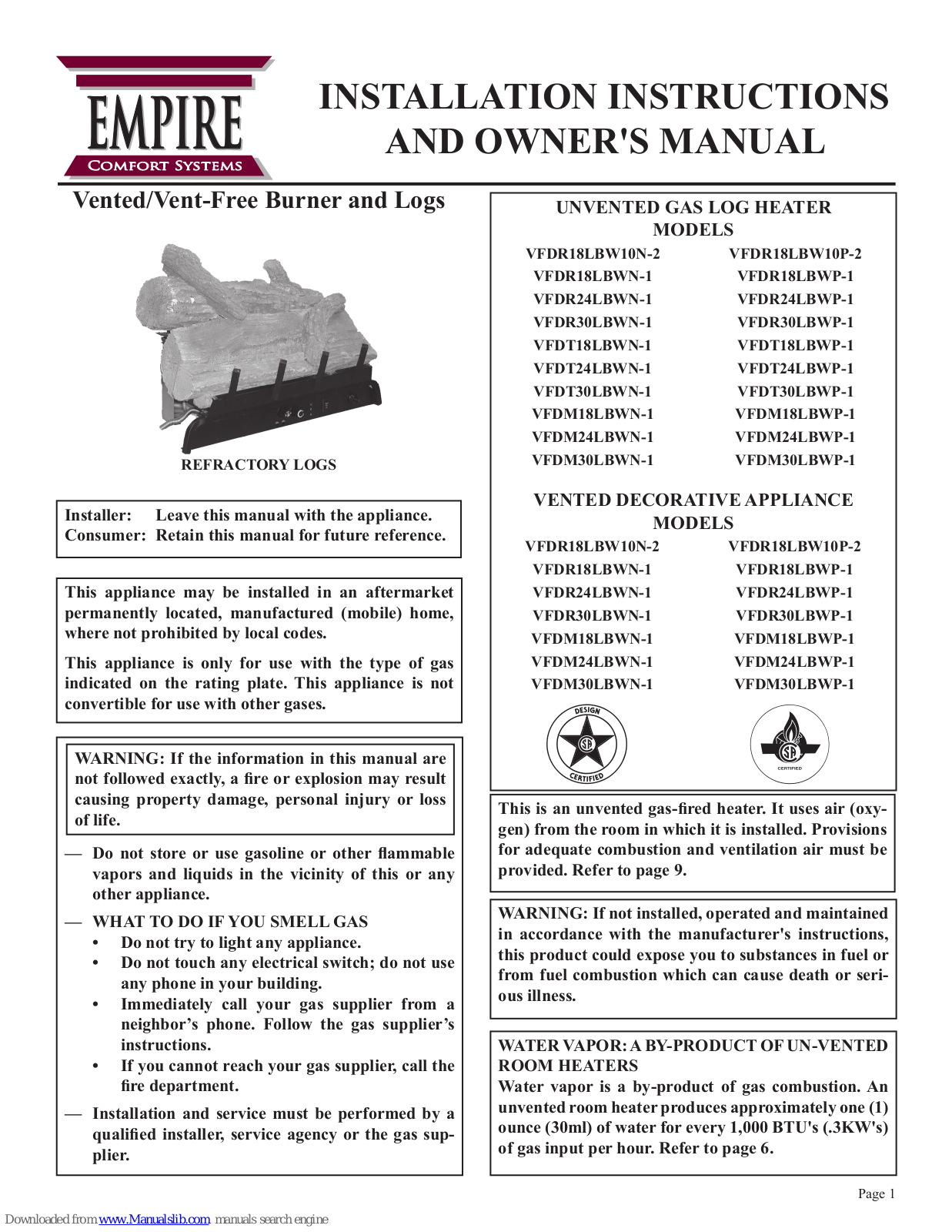 Empire Comfort Systems VFDR24LBWN-1, VFDR18LBW10P-2, VFDR18LBWN-1, VFDR18LBWP-1, VFDR24LBWP-1 Installation And Owner's Manual