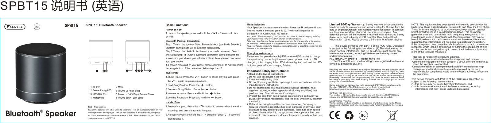 SENTRY SPBT15 User Manual