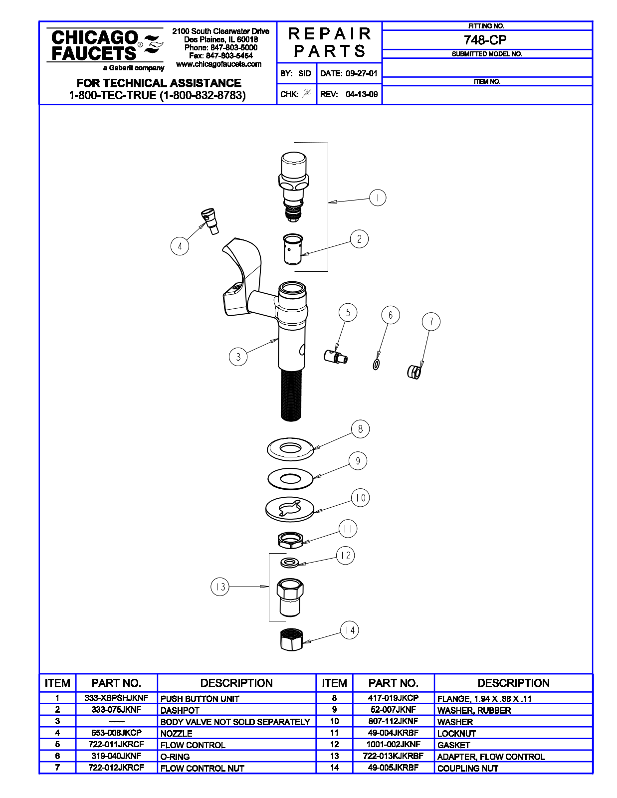 Chicago Faucet 748-CP Parts List