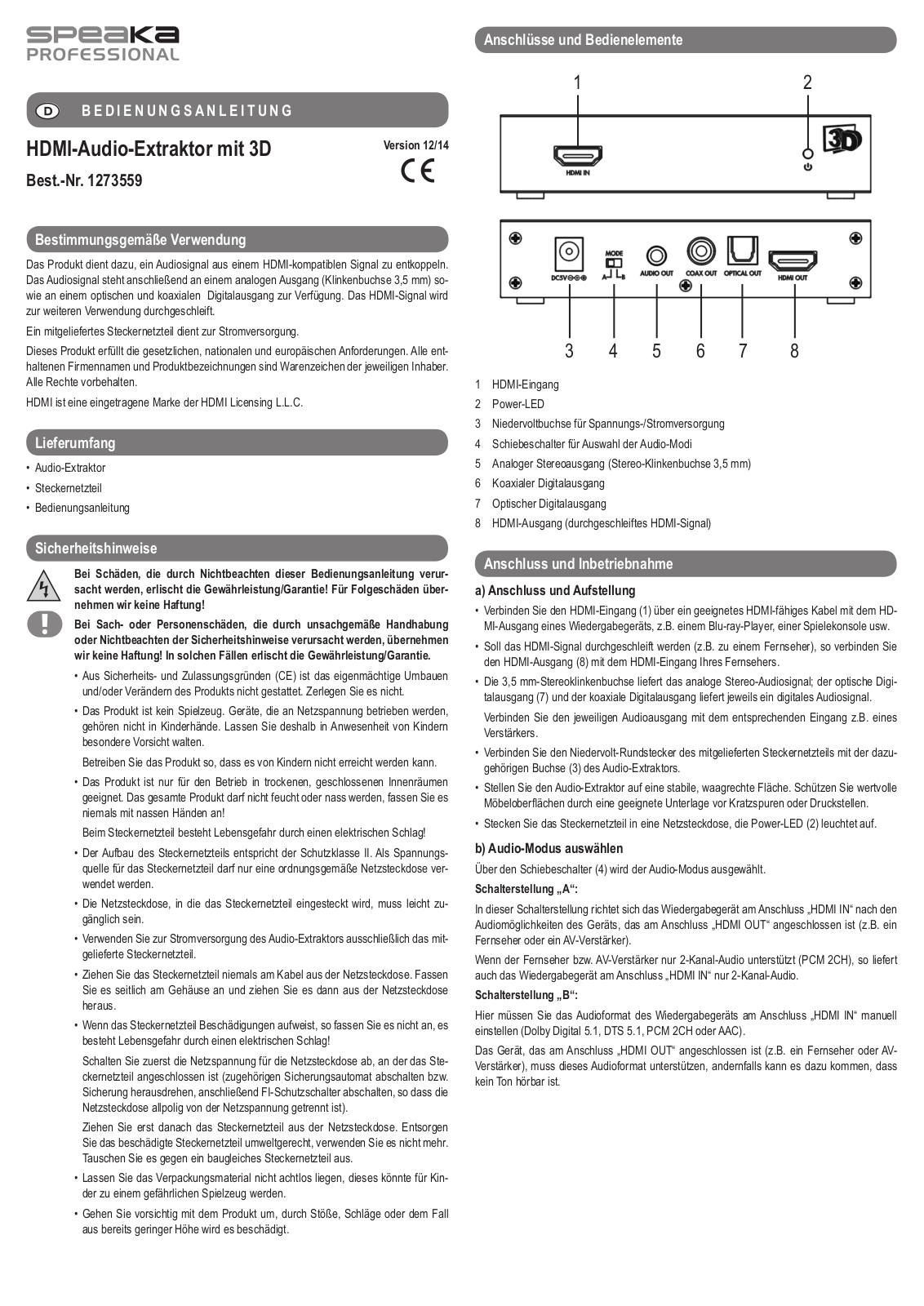 SpeaKa Professional 1273559 User guide