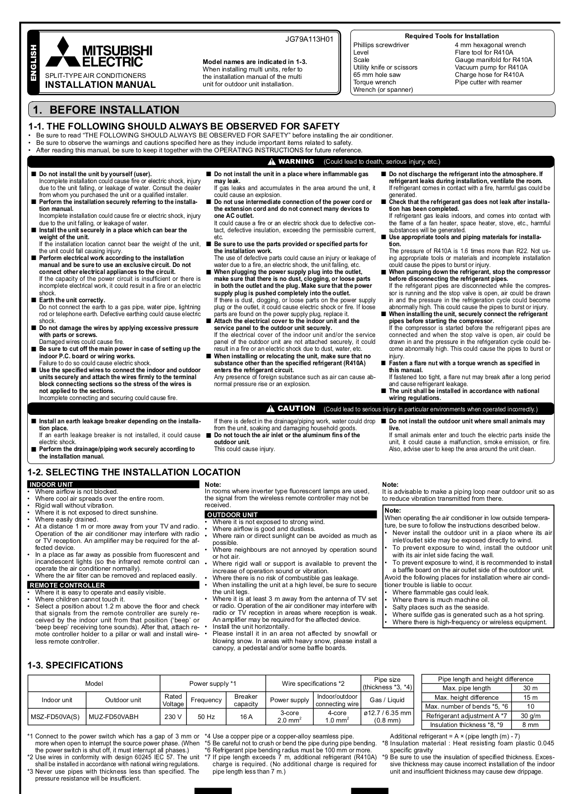 Mitsubishi MSZ-FD50VA(S), MUZ-FD50VABH Installation Manual