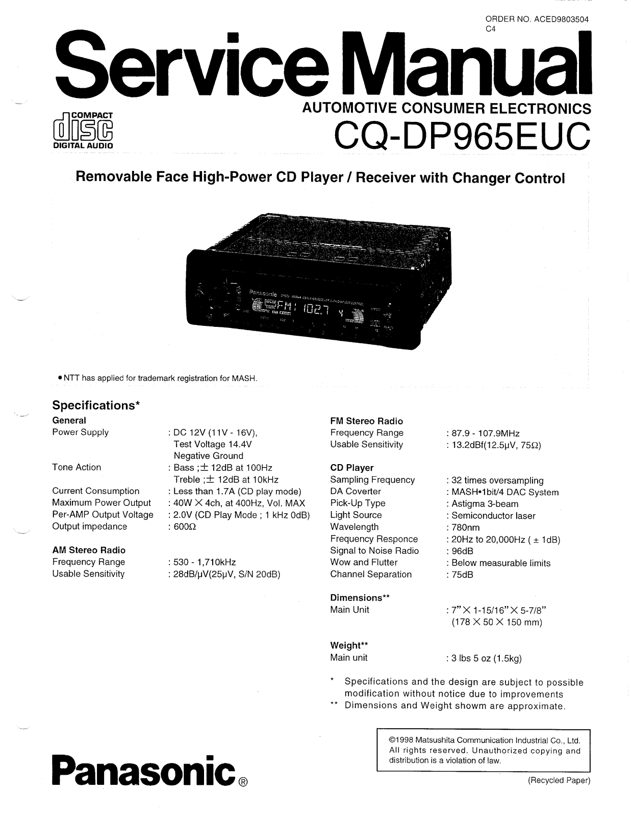 Panasonic CQDP-965-EUC Service manual