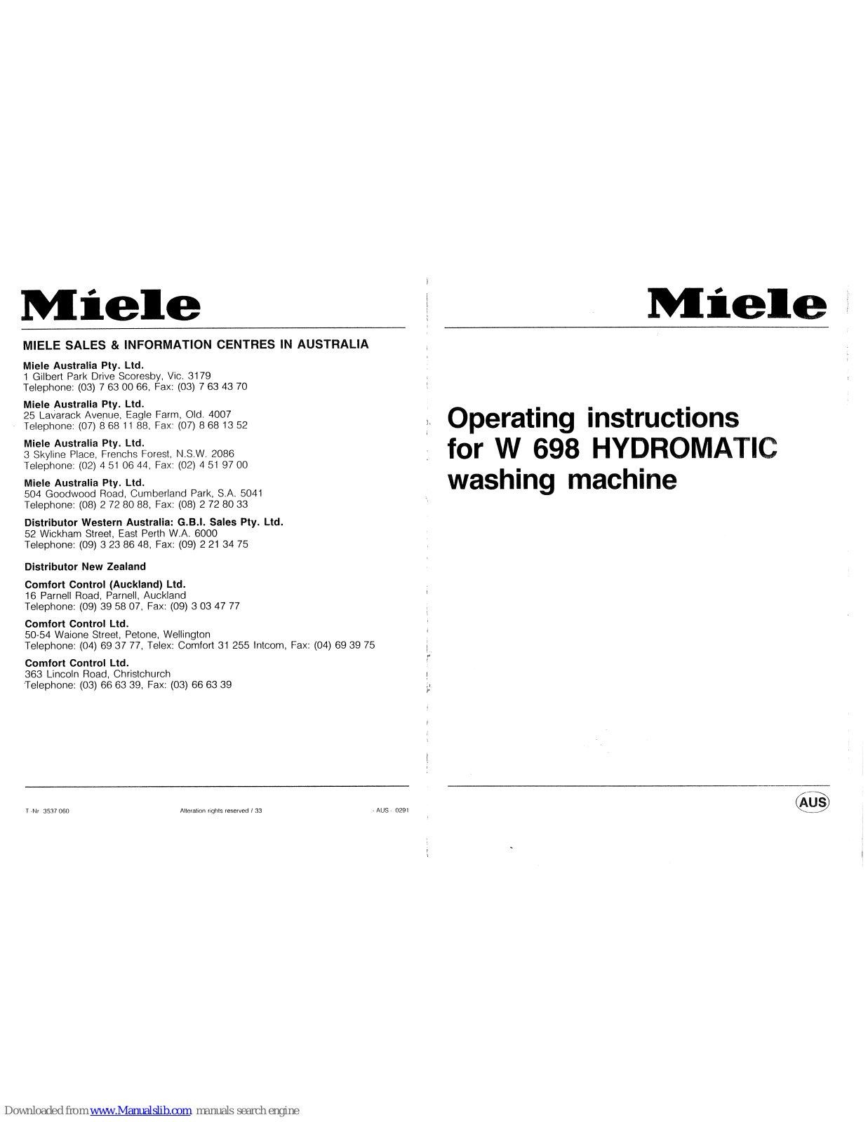 Miele W 698 Operating Instructions Manual