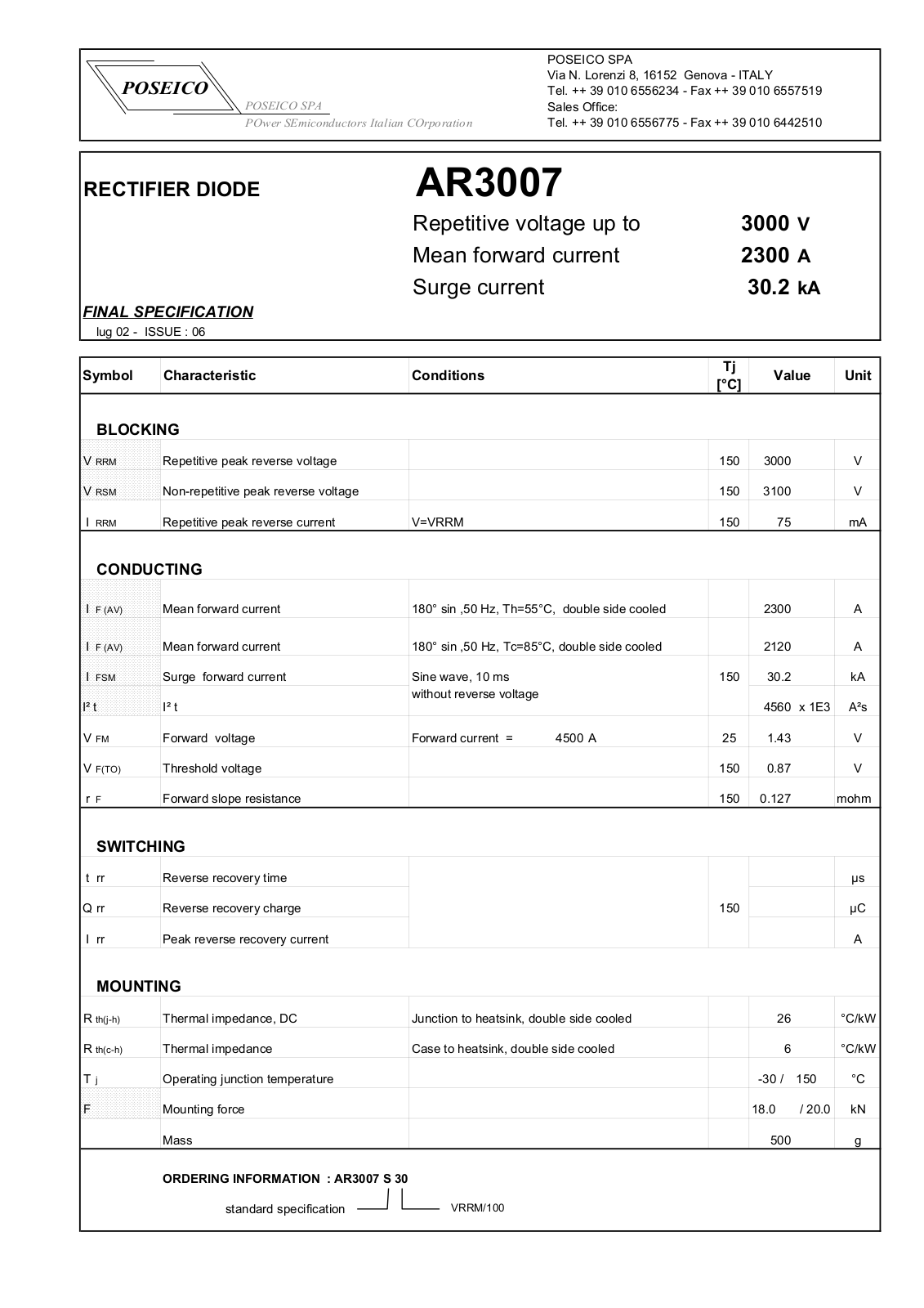 POSEICO AR3007S30 Datasheet