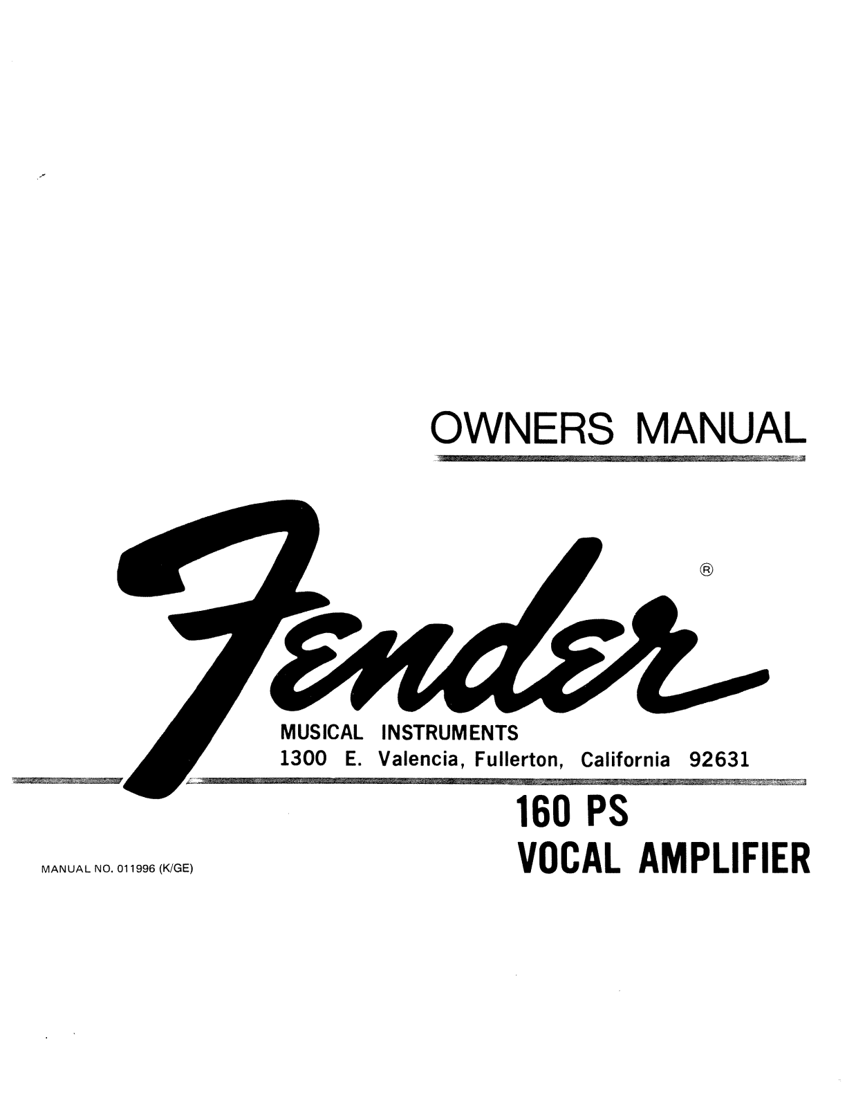 Fender 160-PS Owners Manual