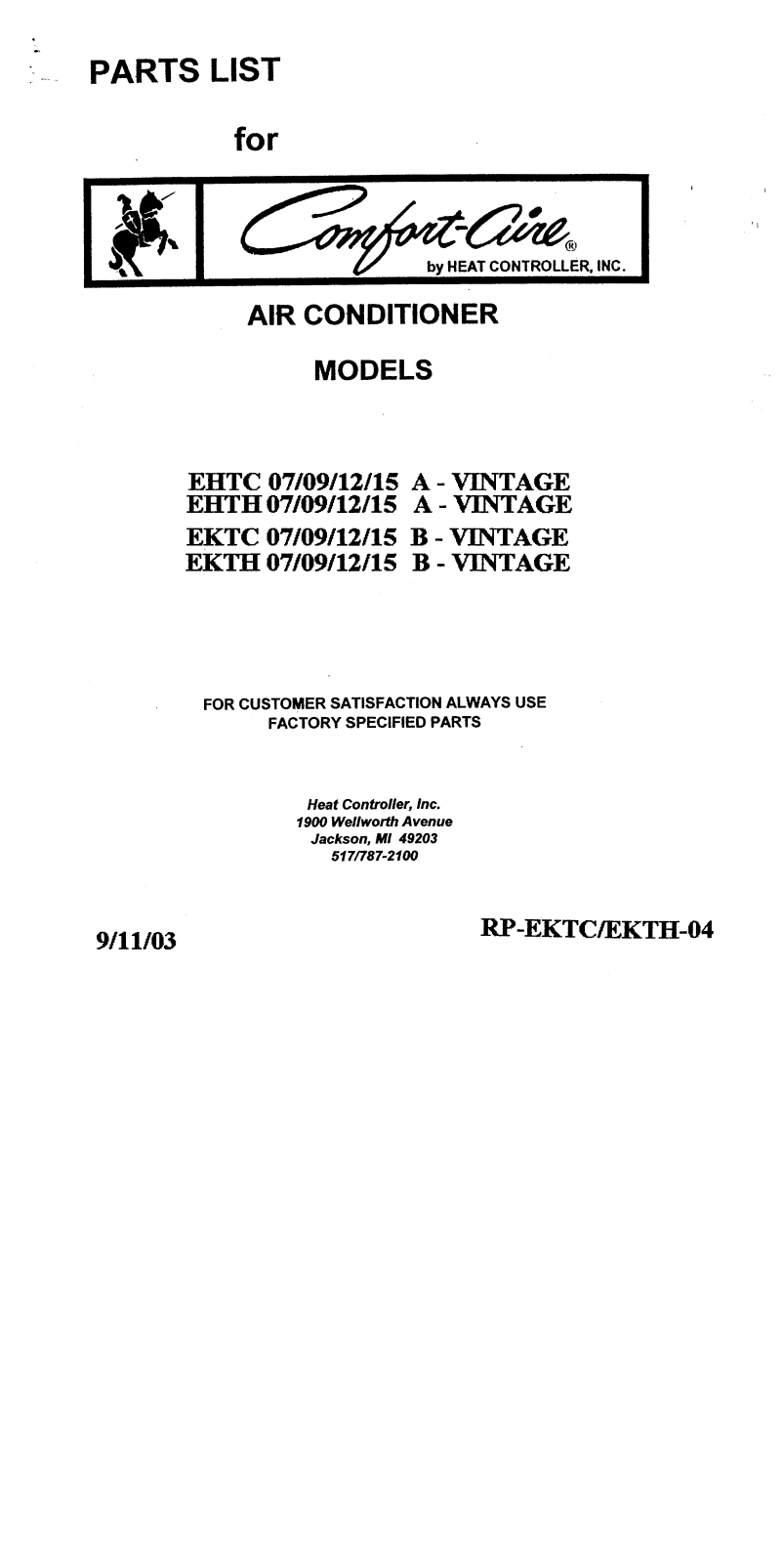 Comfort-aire Ektc07-1-a, Ektc07-1-b, Ektc09-1a, Ektc09-1-b, Ektc12-1--b Owner's Manual