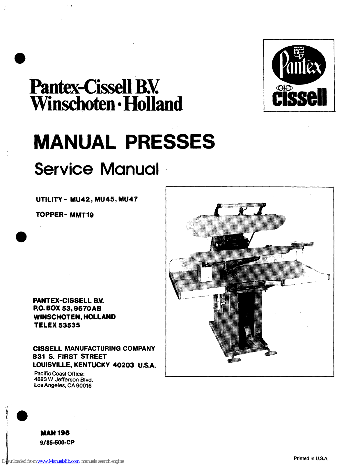 Cissell MUMAN196, MU42, MU45, MU47, MMT19 Service Manual