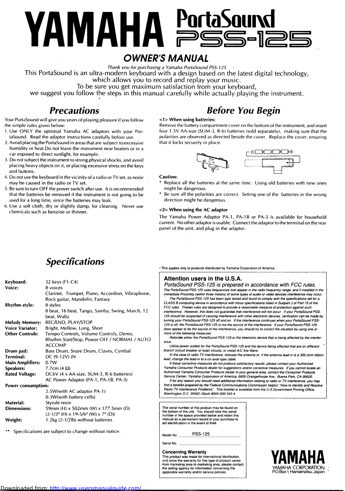 Yamaha Audio PSS-125 User Manual