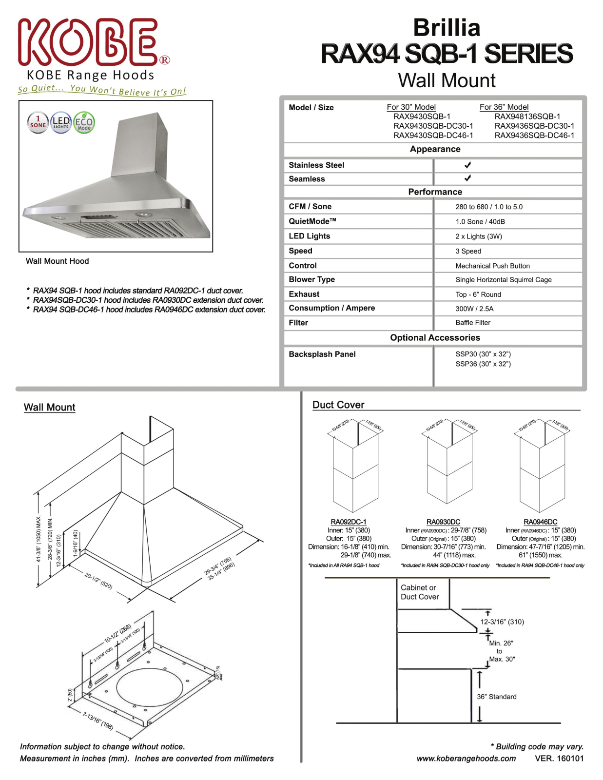 Kobe RAX9430SQB1 Specifications