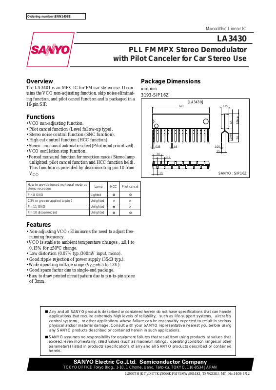 Sanyo LA3430 Specifications