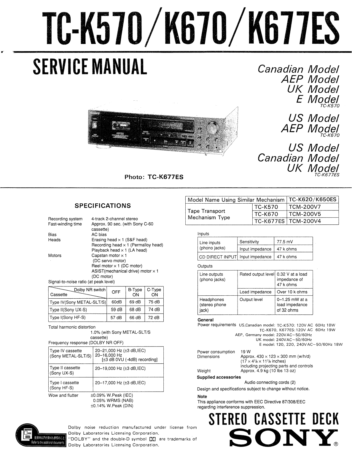 Sony TC K677 Service Manual