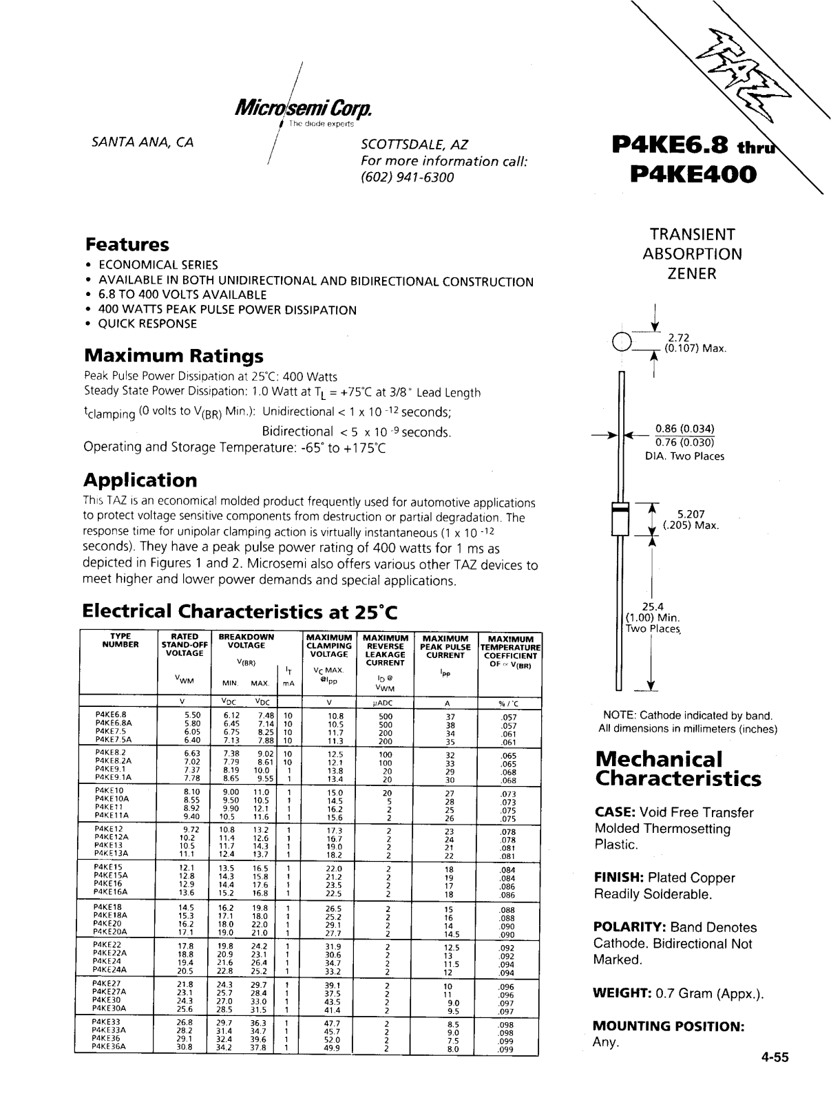 Microsemi Corporation P4KE100C, P4KE110, P4KE11A, P4KE12A, P4KE120C Datasheet