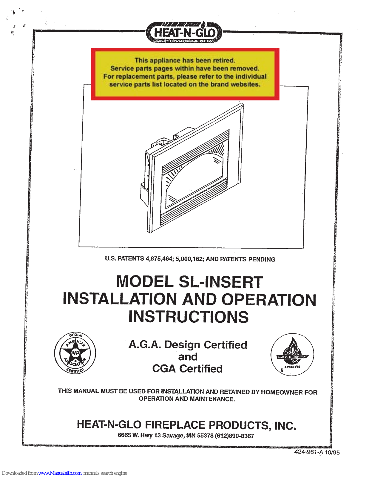 Heat-N-Glo SL-Insert Installation And Operation Instructions Manual