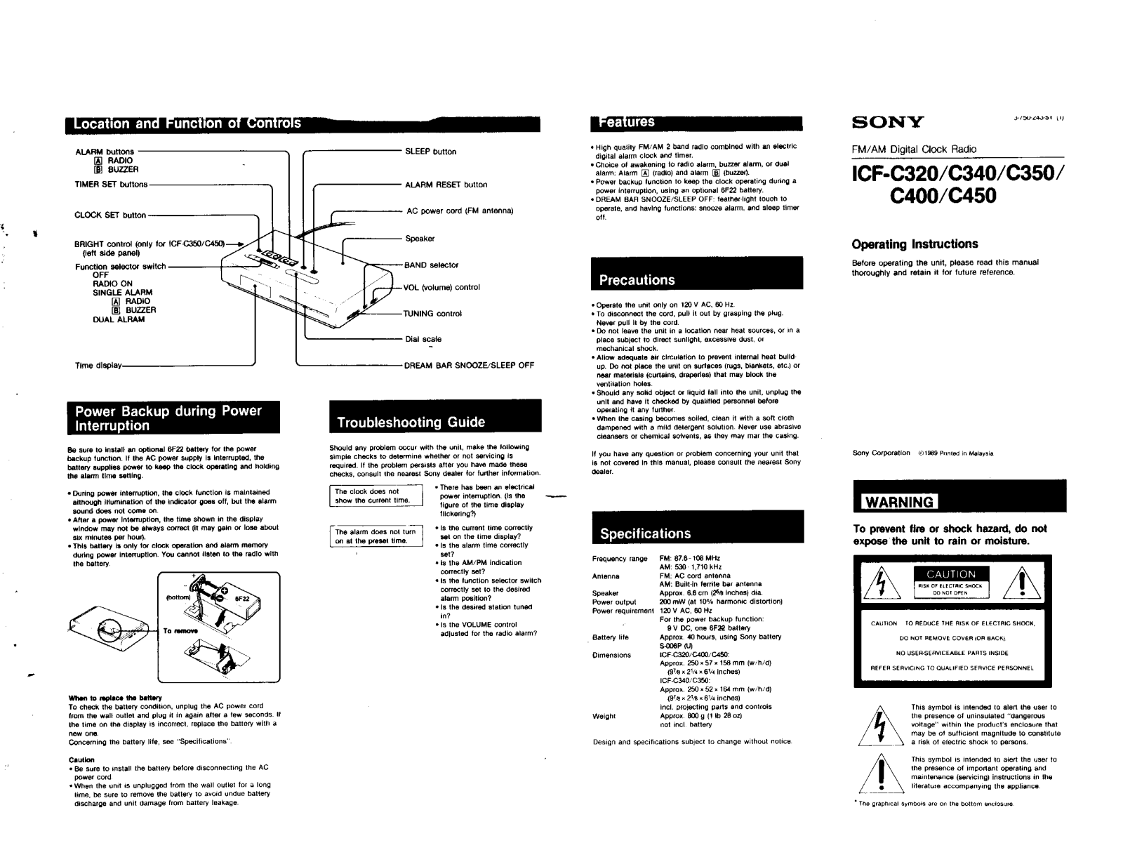 Sony ICF-C320 USER NOTES