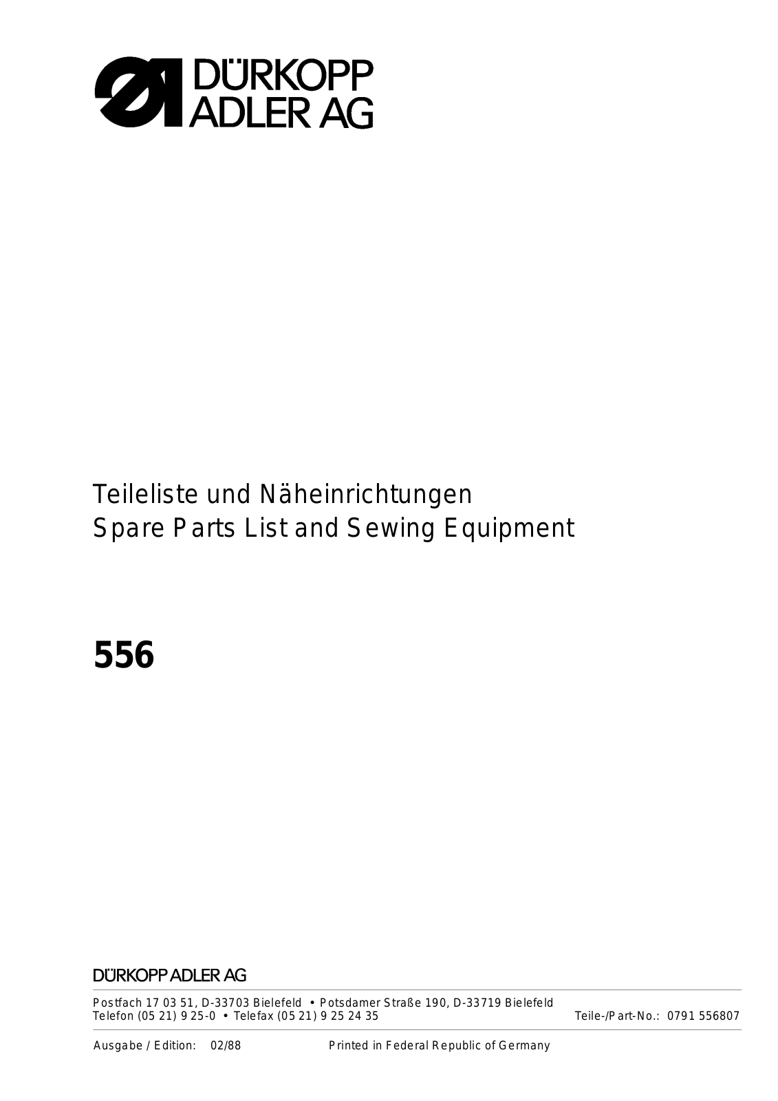 DURKOPP 556 Parts List