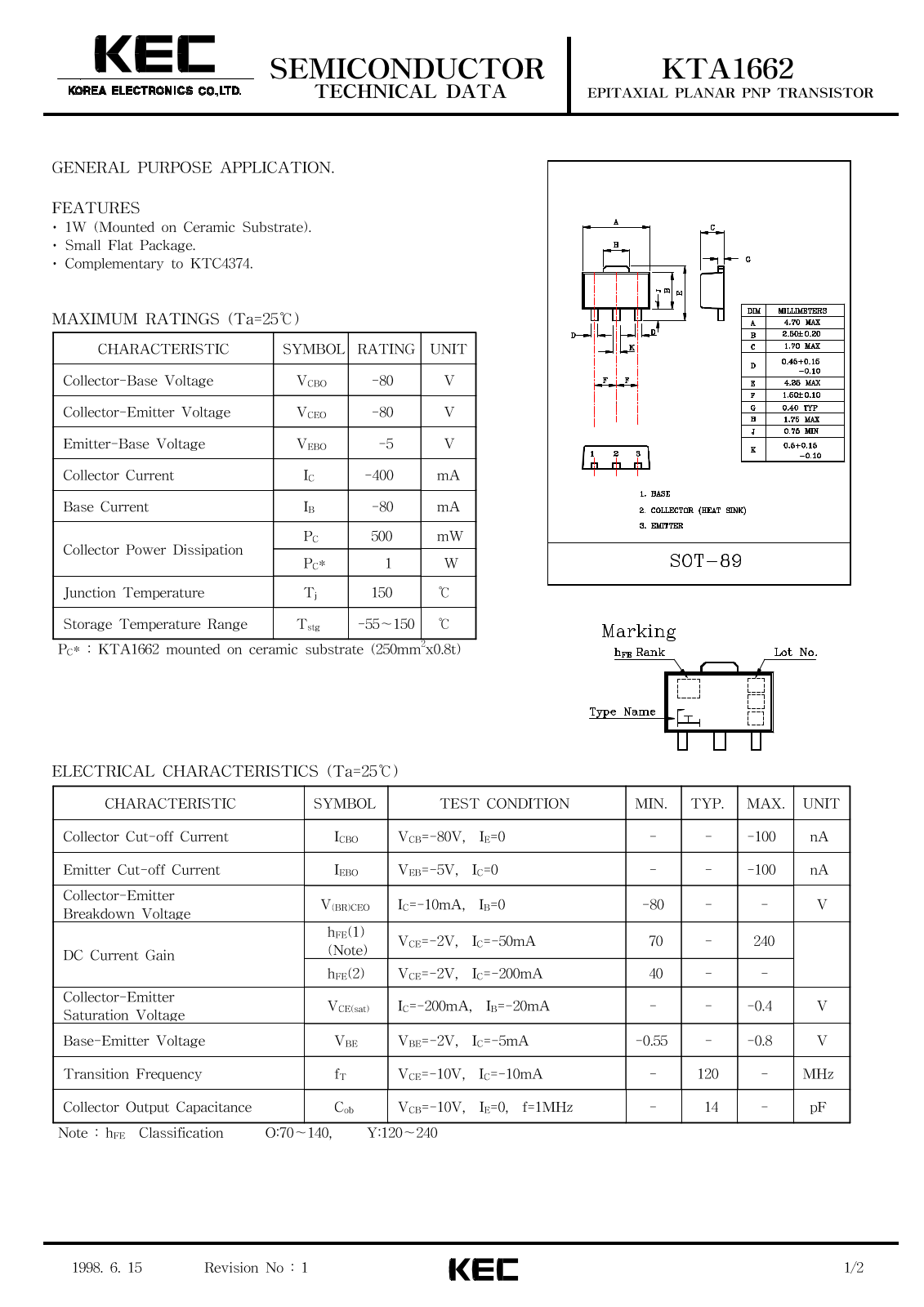 KEC KTA1662 Datasheet