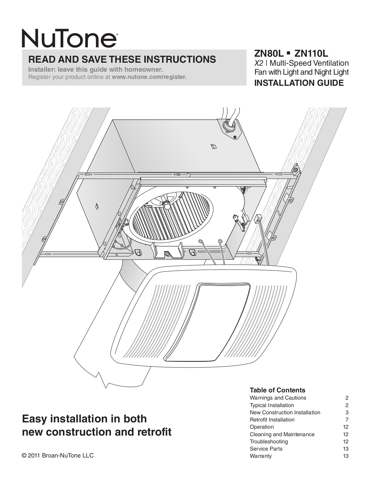 NuTone ZN80L, ZN110L Quick Start Manual