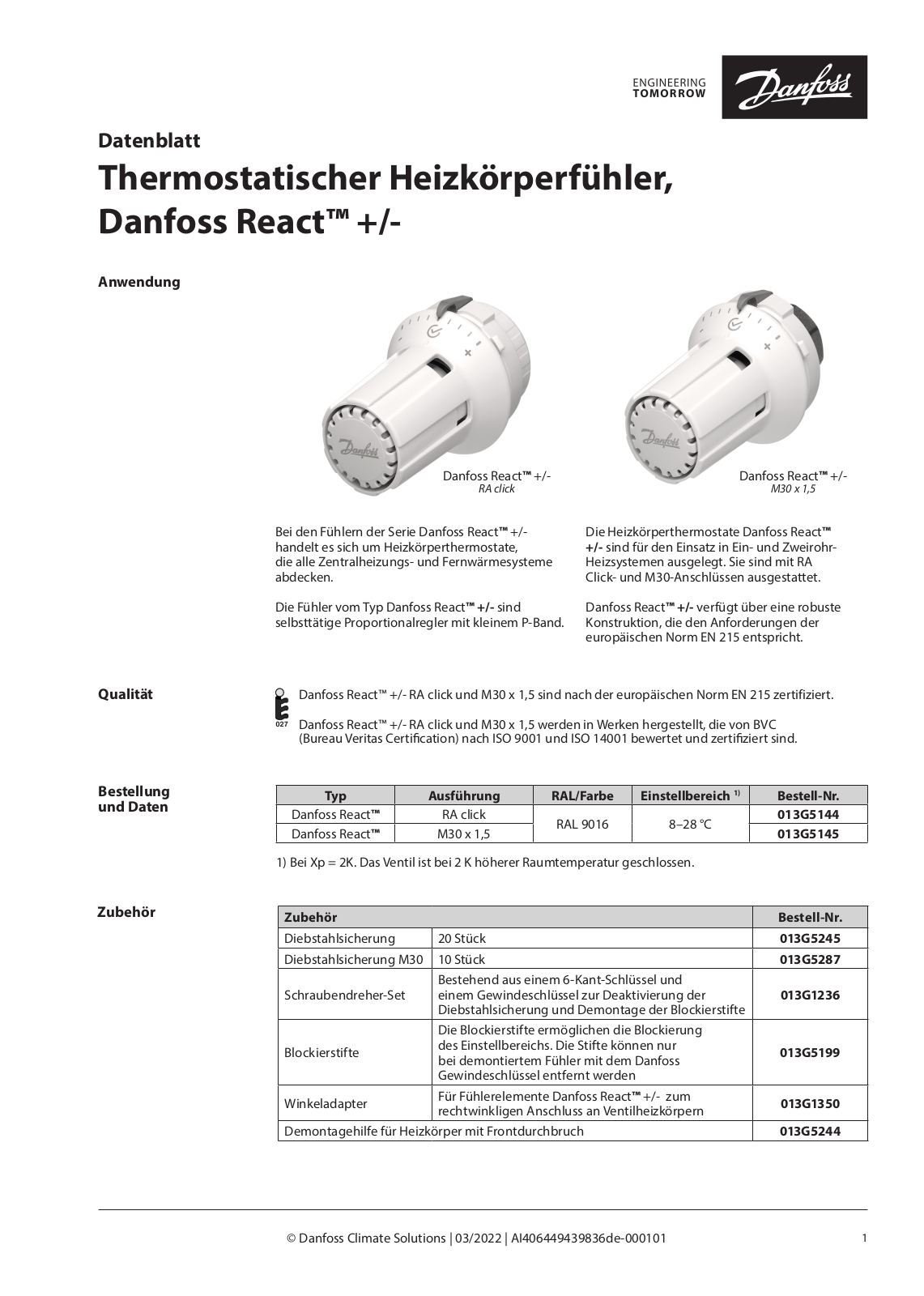 Danfoss React Data sheet