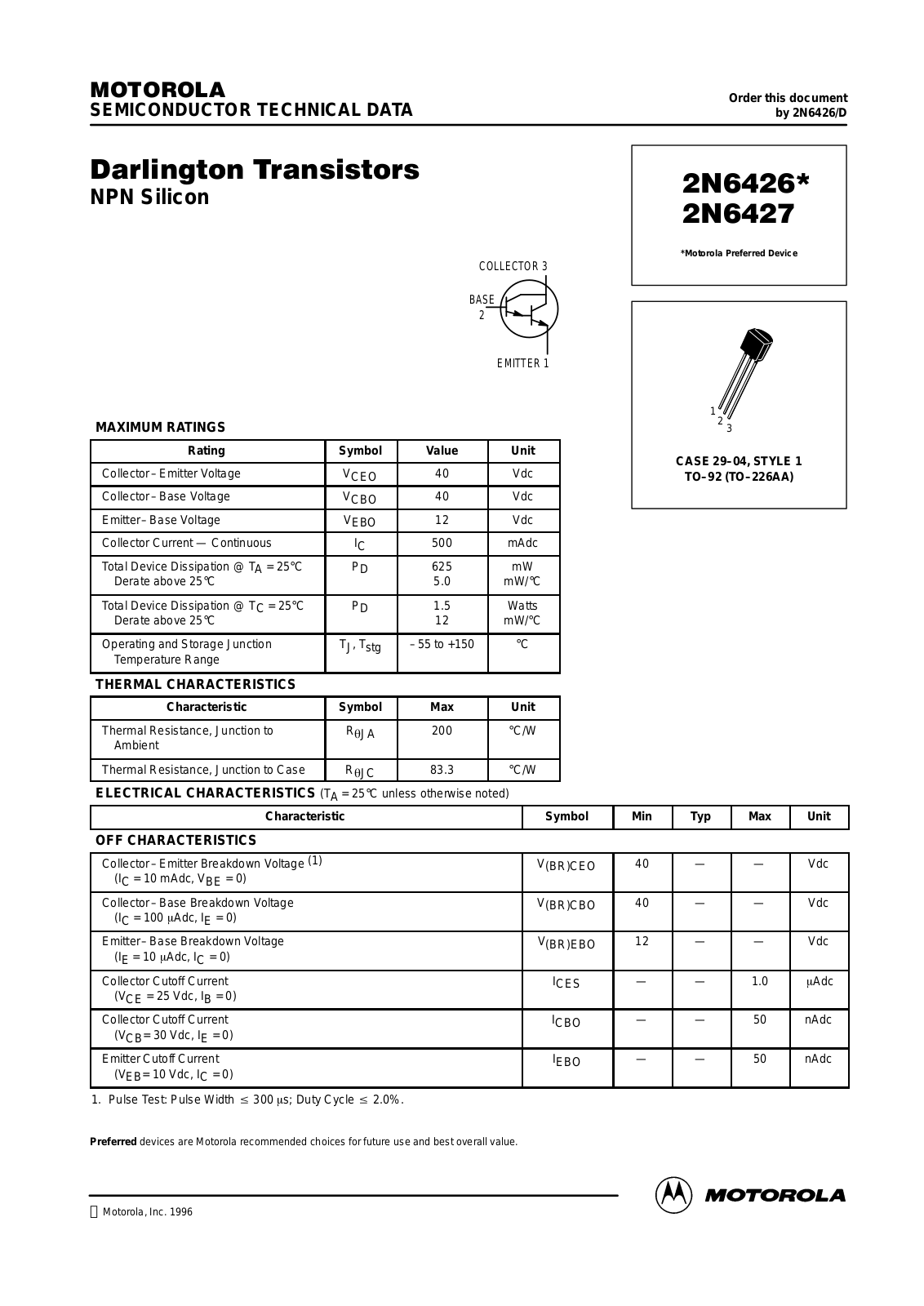 ON Semiconductor 2N6427RLRA, 2N6427, 2N6426RLRA, 2N6426 Datasheet