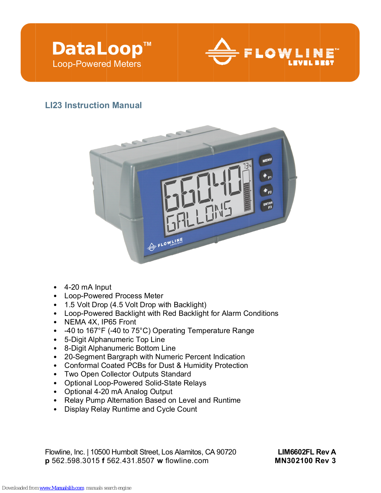 FlowLine DataLoop LI23-1001, DataLoop LI23-1011, DataLoop LI23-1211, DataLoop LI23-1201 Instruction Manual