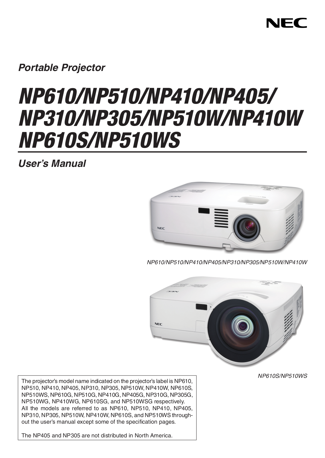 NEC NP310G, NP510WSG, NP410W, NP305G, NP510WS User Manual