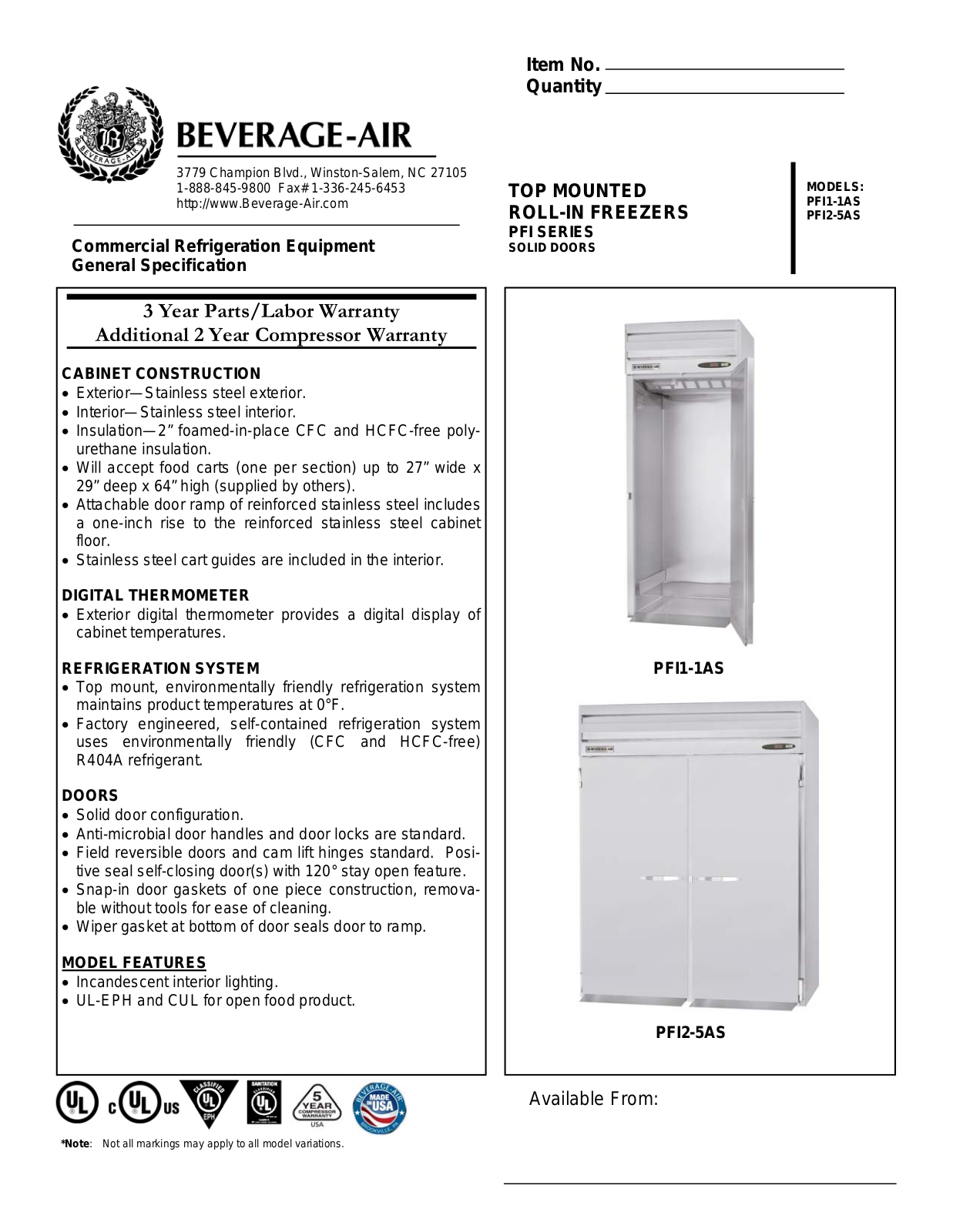 Beverage Air PFI1-1AS User Manual