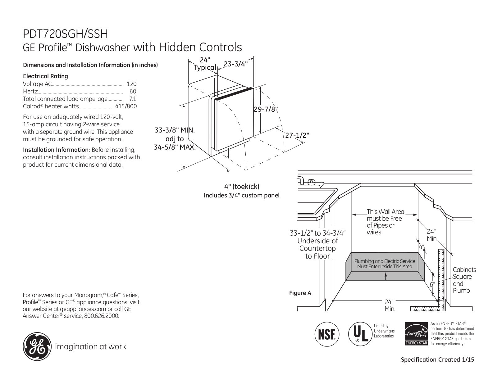 GE PDT720SGHBB, PDT720SGHWW Specification Sheet