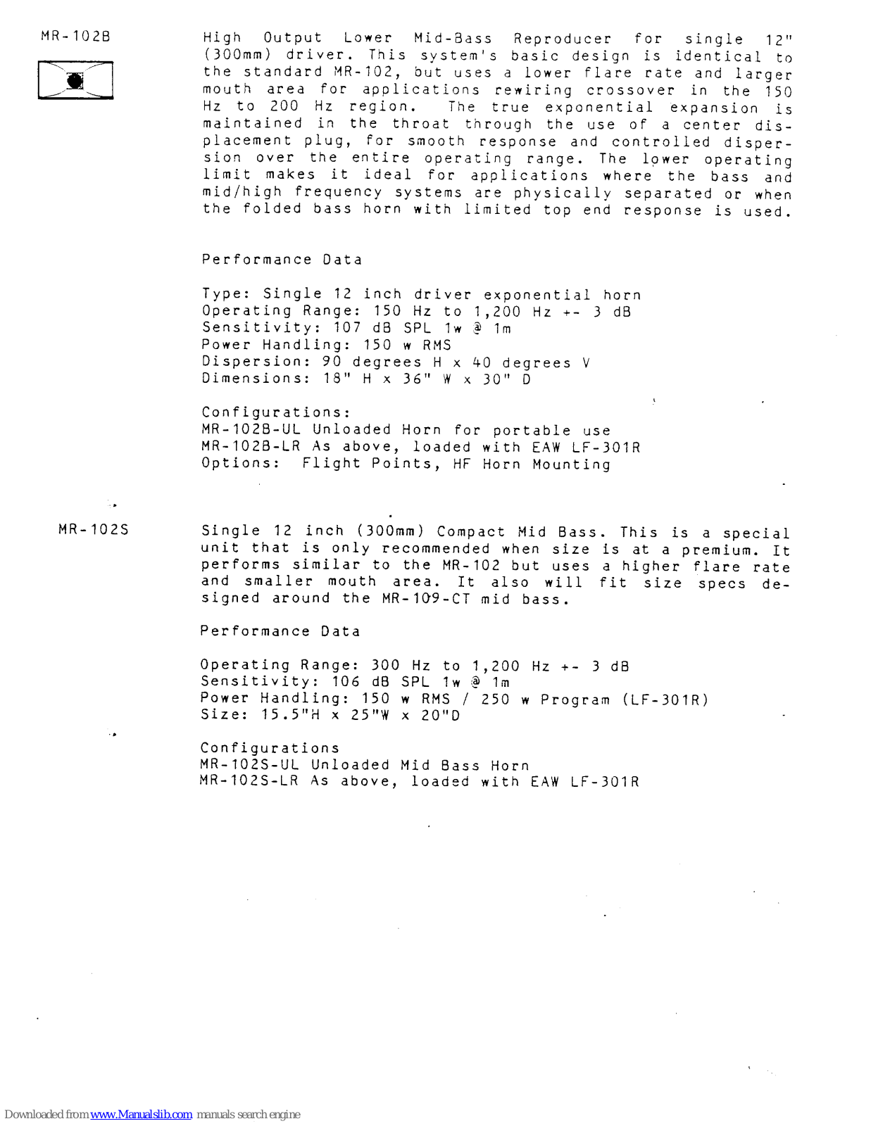 EAW MR-102B, MR-102S Specifications