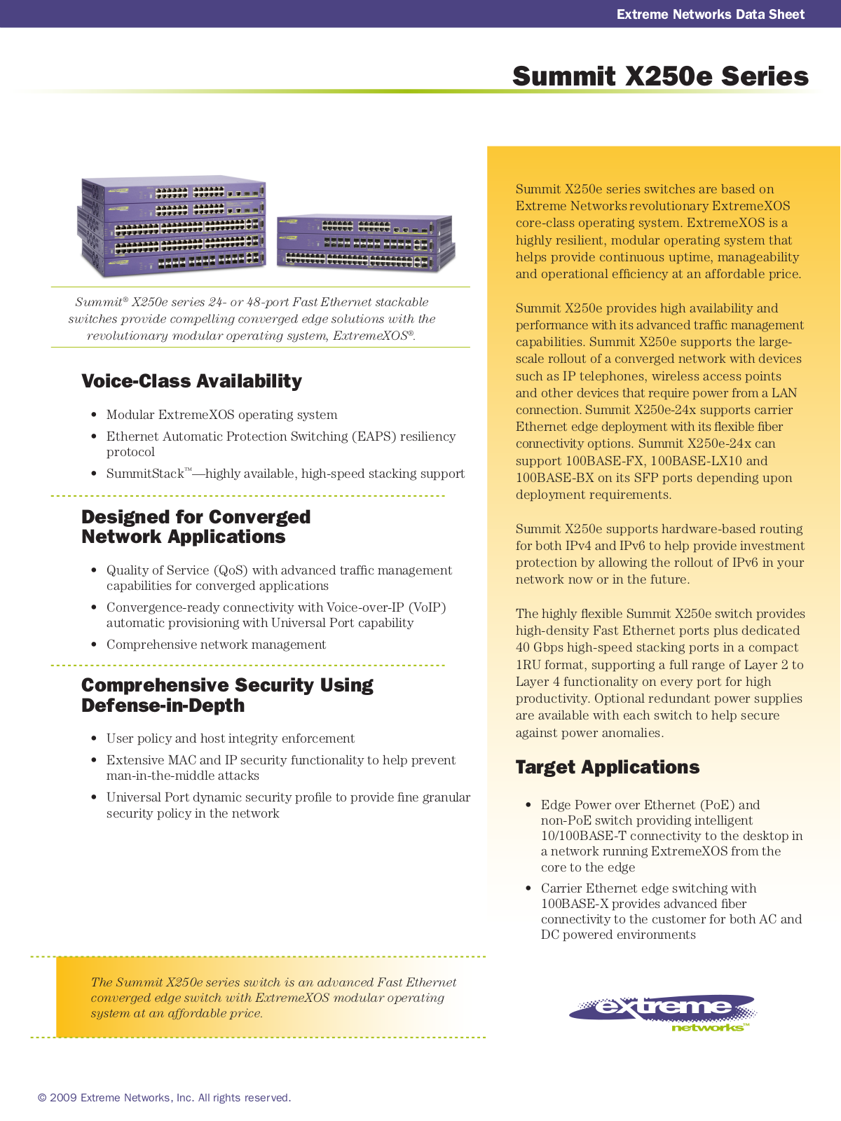 Extreme Networks Summit X250e-48p, Summit X250e-48p-TAA, Summit X250e-48t, Summit X250e-24t, Summit X250e-24x Datasheet