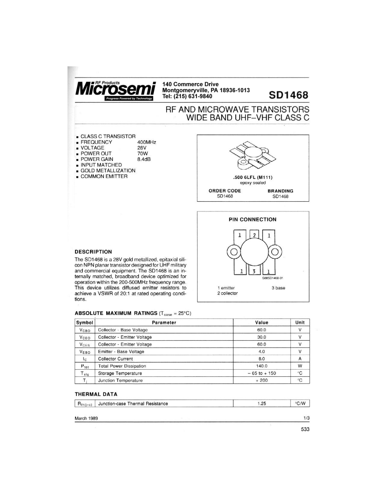 Microsemi Corporation SD1468 Datasheet