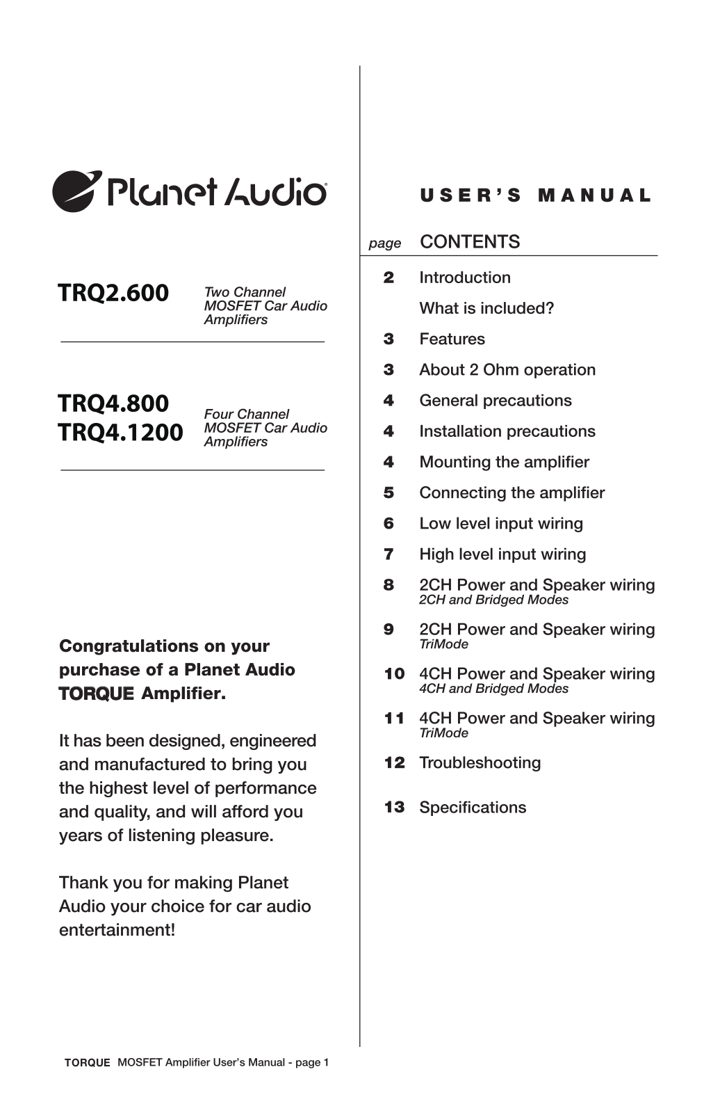 Planet Audio TRQ2.600, TRQ4.1200, TRQ4.800 User Manual