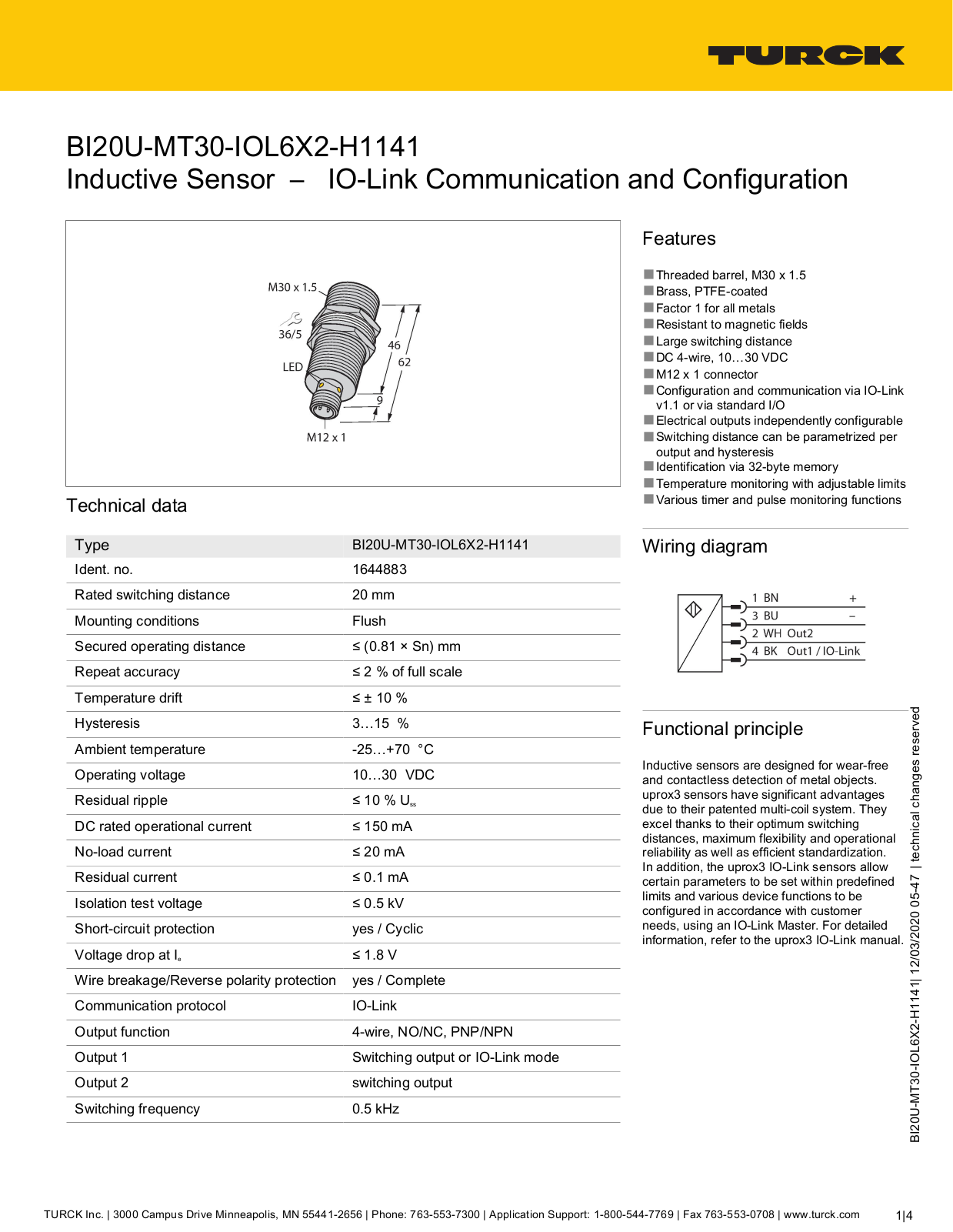 TURCK BI20U-MT30-IOL6X2-H1141 Datasheet